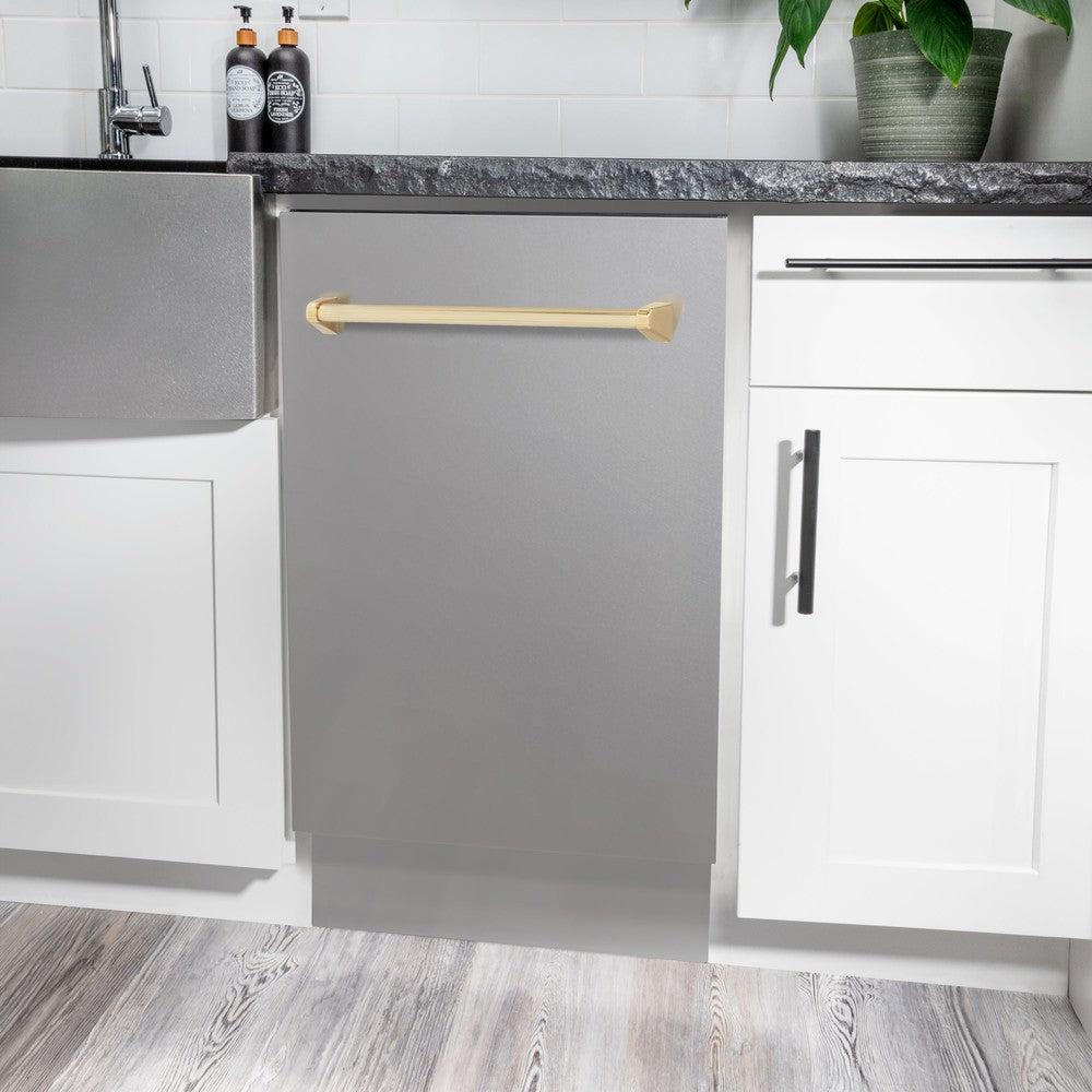 ZLINE Autograph Edition 18-inch Compact 3rd Rack Top Control Dishwasher in Stainless Steel with Polished Gold Handle - 51dBa Ultra Quiet (DWVZ 304 18 G) | Perfect for Small Kitchens, Apartments & RVs