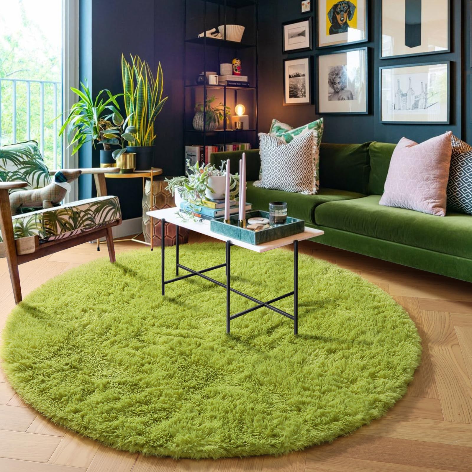 Fluffy Shag Circle Area Rug 4FT - Soft Grass Green Round Carpet for Bedroom, Nursery, Kids Room & Dorm Decor | Aesthetic Fuzzy Moss Floor Mat for Living Room, Classroom & Apartment | Cozy Boho Home Decor