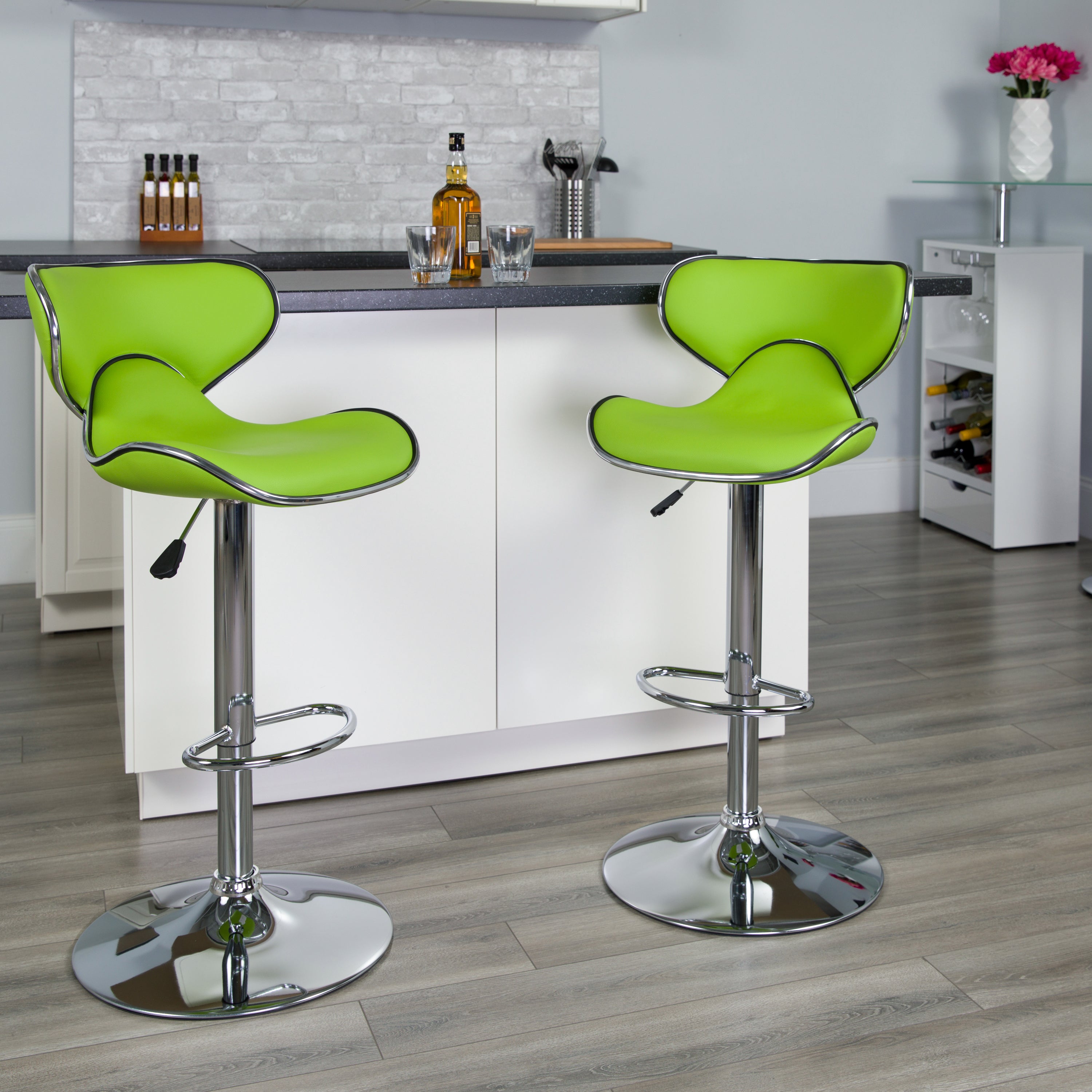 Devin Contemporary Adjustable Height Barstool - Black Vinyl Upholstery, Chrome Base - Modern Kitchen Island & Home Bar Stool for Dining & Entertaining