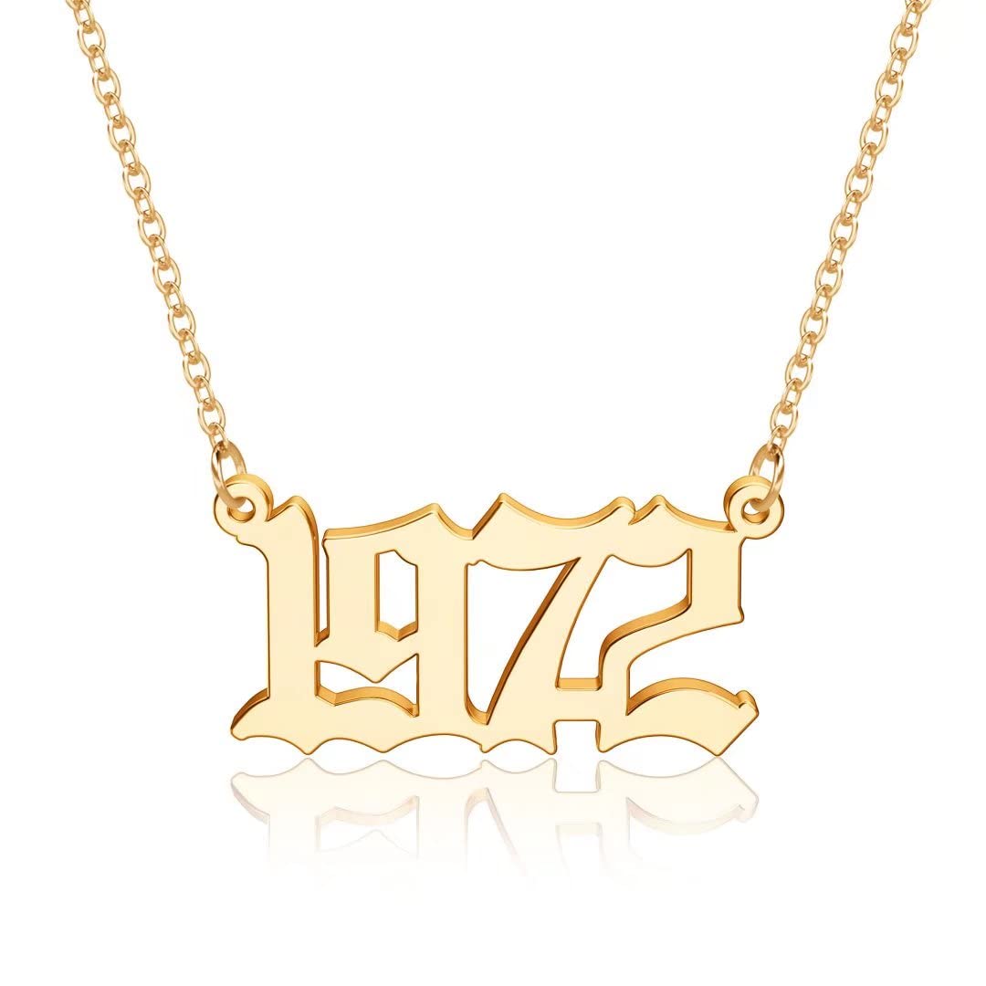 18K Gold Plated Old English Birth Year Necklace for Women - Personalized Jewelry Gift for Birthday, Anniversary (1970-2021) | Elegant Layering Necklace for Everyday Wear & Special Occasions