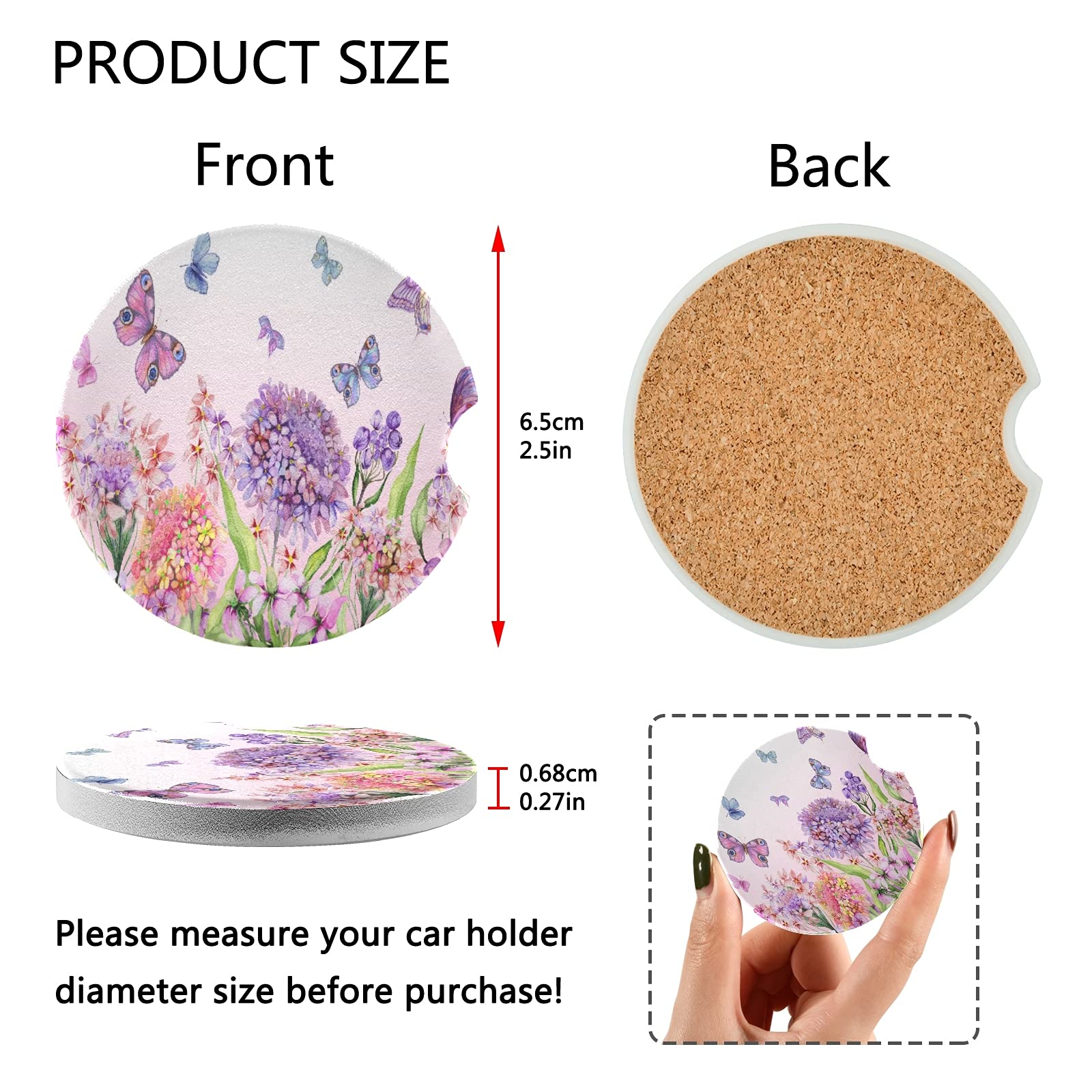 2 Pack Colorful Butterfly Car Coasters for Drinks - Absorbent Ceramic Cup Holder Coasters with Fingertip Grip (2.5 Inch) - Perfect for Cars, Trucks & SUVs to Prevent Spills & Protect Surfaces