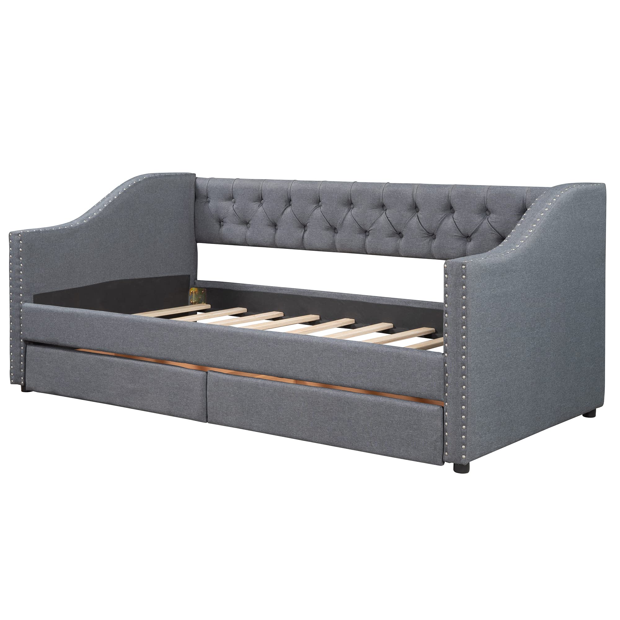 Gray Velvet Upholstered Daybed with 2 Drawers - Twin Size Sofa Bed with Wooden Slat Support for Living Room & Bedroom - Perfect for Guest Sleeping, Lounge Relaxation & Small Space Solutions