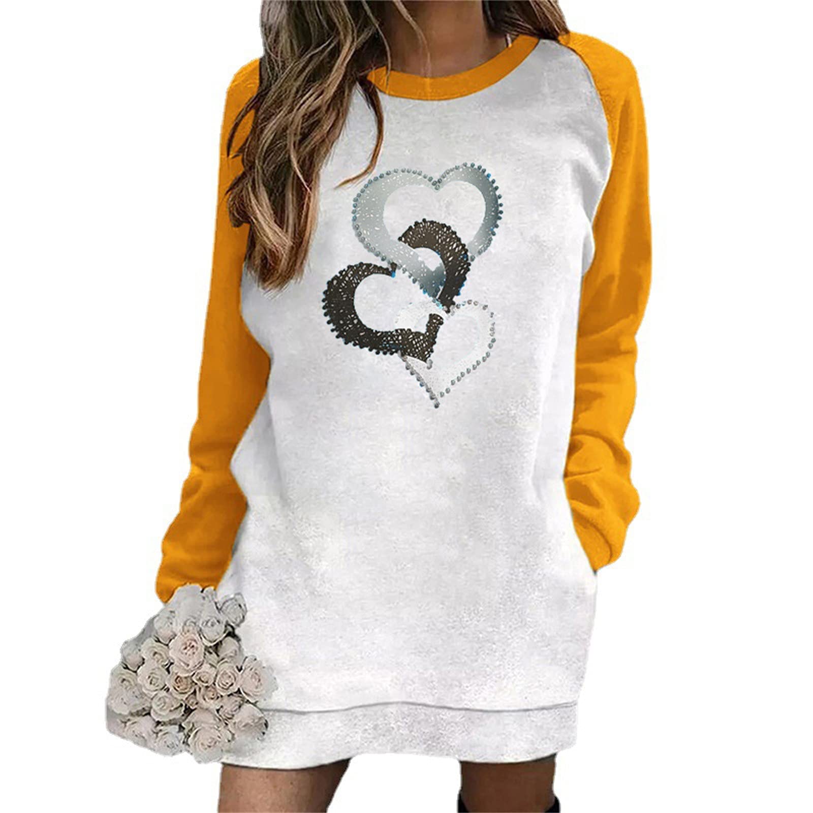 Stylish Women's Color Block Long Sleeve Printed Pocket Pullover Dress - Loose Fit Sweatshirt Sun Dress for Casual Wear, Outings & Spring Fashion
