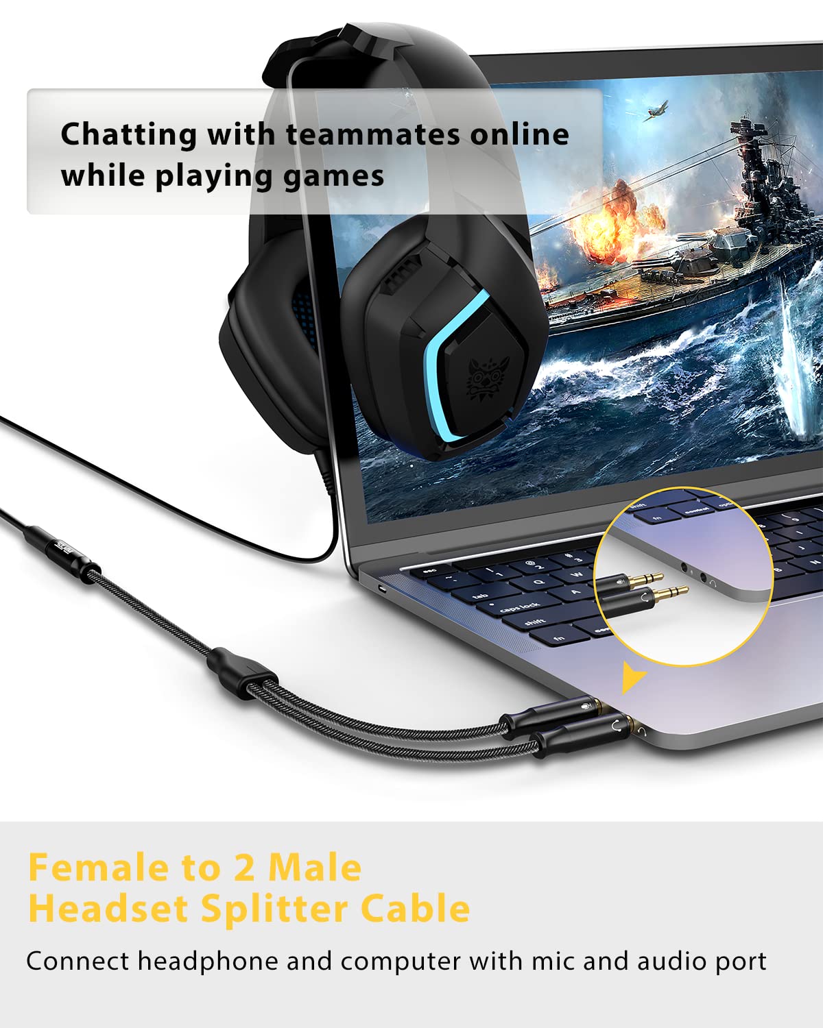 3.5mm Headphone Splitter Cable - Female to Dual Male TRS Audio Y Adapter for Gaming Headsets & PC | CTIA Standard | Nylon-Braided Matte Black (0.3M) | Perfect for Multiplayer Gaming, Streaming & Conference Calls