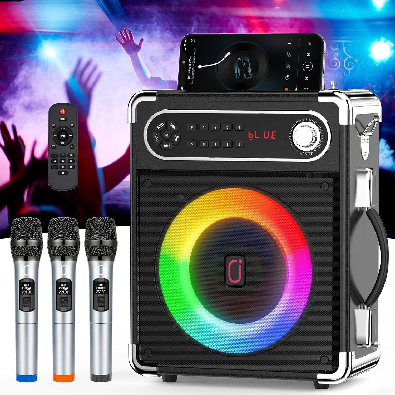 Portable Karaoke Machine with 3 Wireless UHF Microphones - Bluetooth Party Speaker with Disco Lights, TWS & PA System for Adults - Perfect for Outdoor Gatherings, Home Parties & Stage Performances