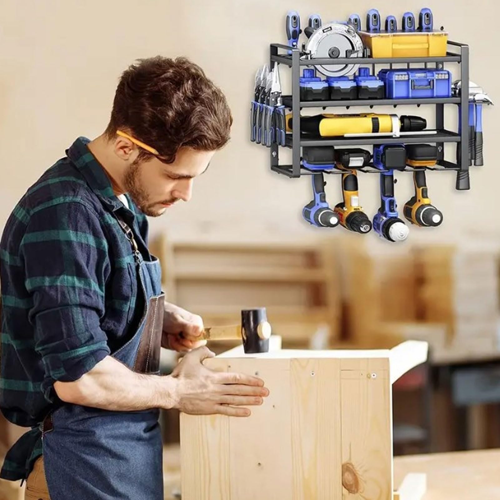 Heavy Duty Wall Mount Power Tool Organizer - 4 Layer Drill Holder & Storage Rack with Nut Screw for Cordless Drills | Garage Workshop Tool Organization Solution