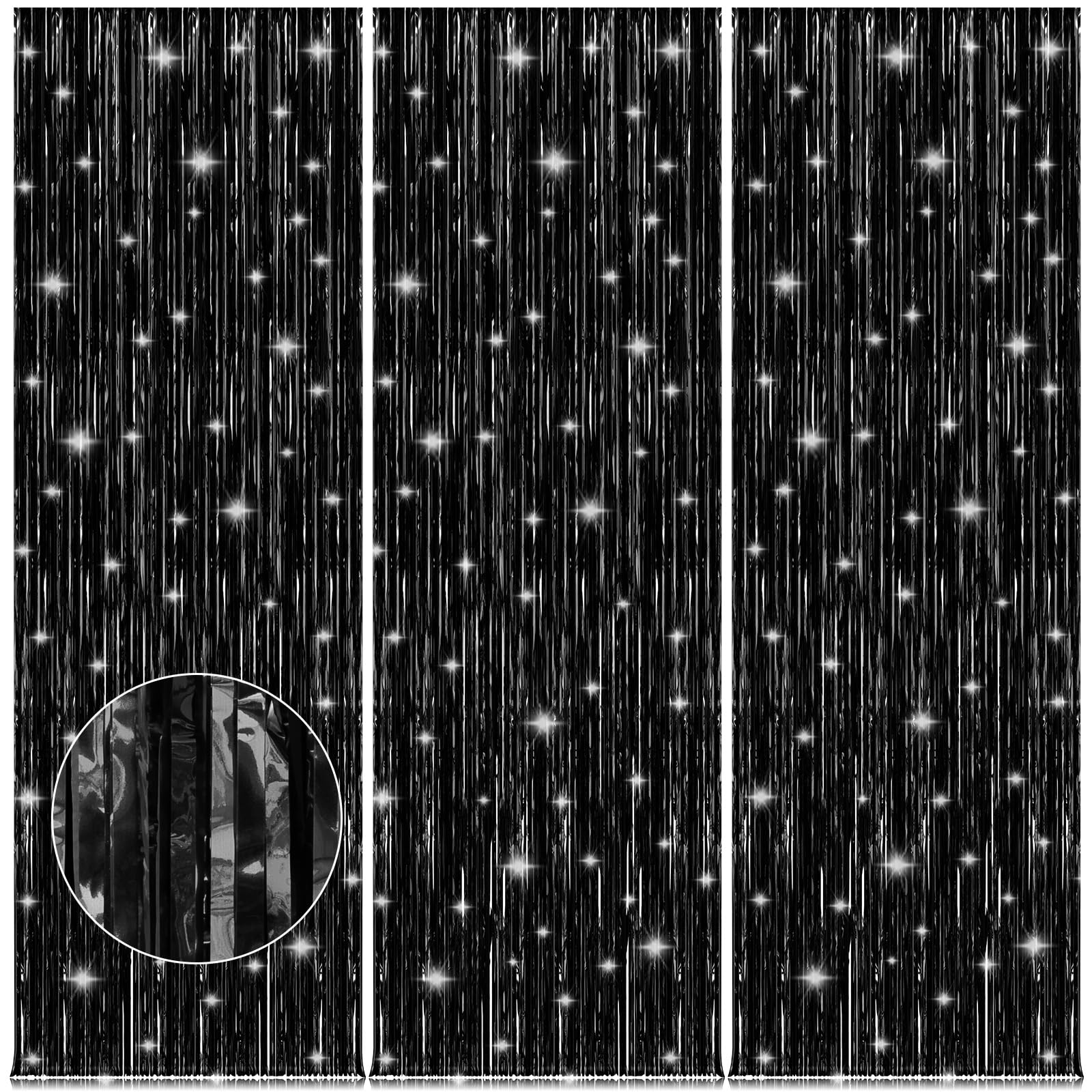 Accevo 3-Pack Black Foil Fringe Curtains - 3.2ft x 8.2ft Party Streamers for Halloween, New Year & Holiday Decorations | Photo Booth Backdrop, Door Decor & Celebration Tinsel Streamers | Perfect for Birthday Parties, Weddings & Special Events