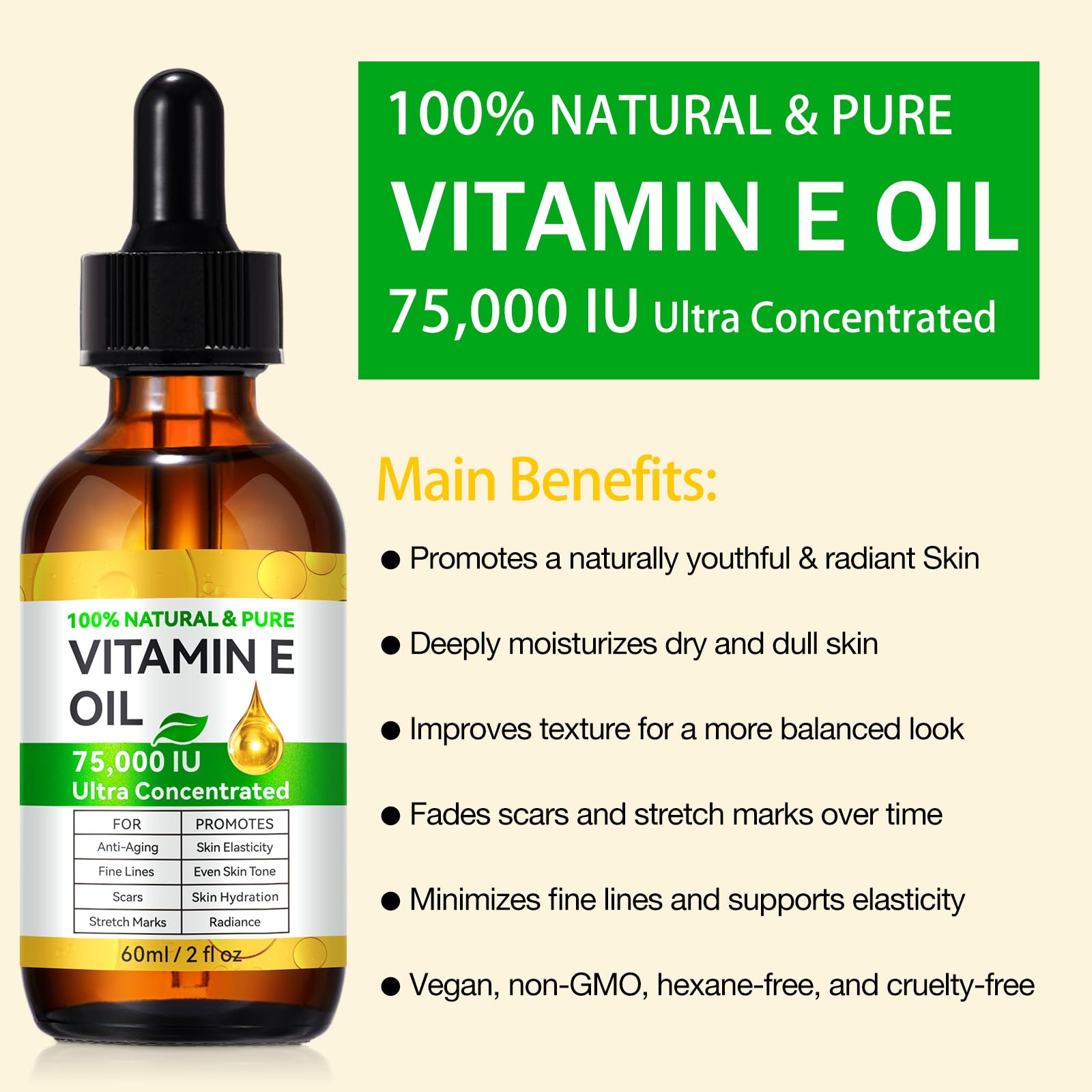 75,000 IU Pure Organic Vitamin E Oil for Face, Scars & Body - Hexane Free Natural Skin Moisturizer for Dry Skin Care & Hydration (2 Fl Oz) - Perfect for Nighttime Skin Repair & Daily Body Nourishment