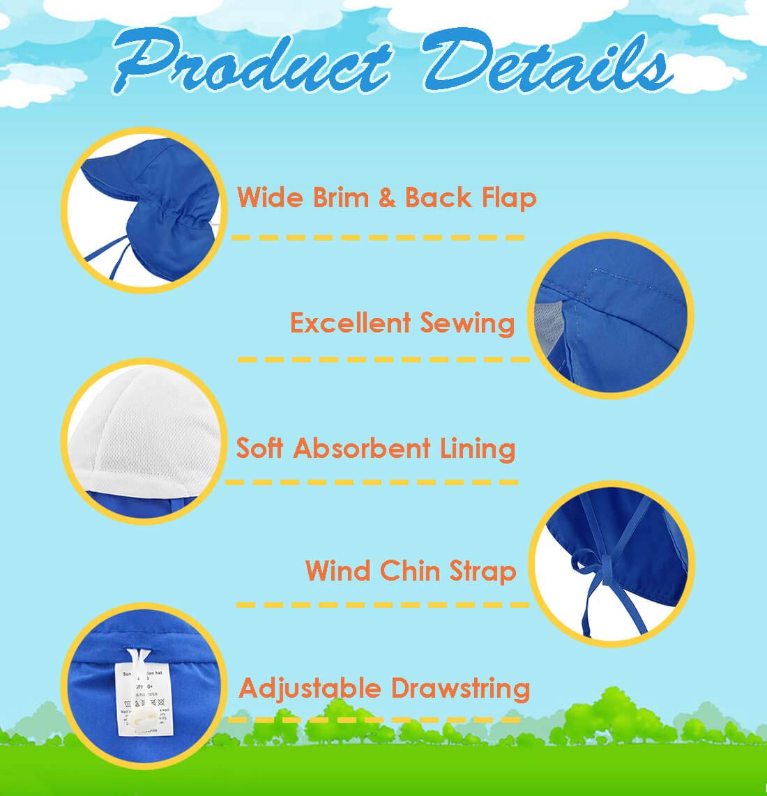 EVAbaby UPF 50+ Sun Protection Hat for Baby Boys & Girls - Adjustable Drawstring & Neck Flap - Summer Swim, Beach, Pool, Outdoor Activities UV Protection Cap