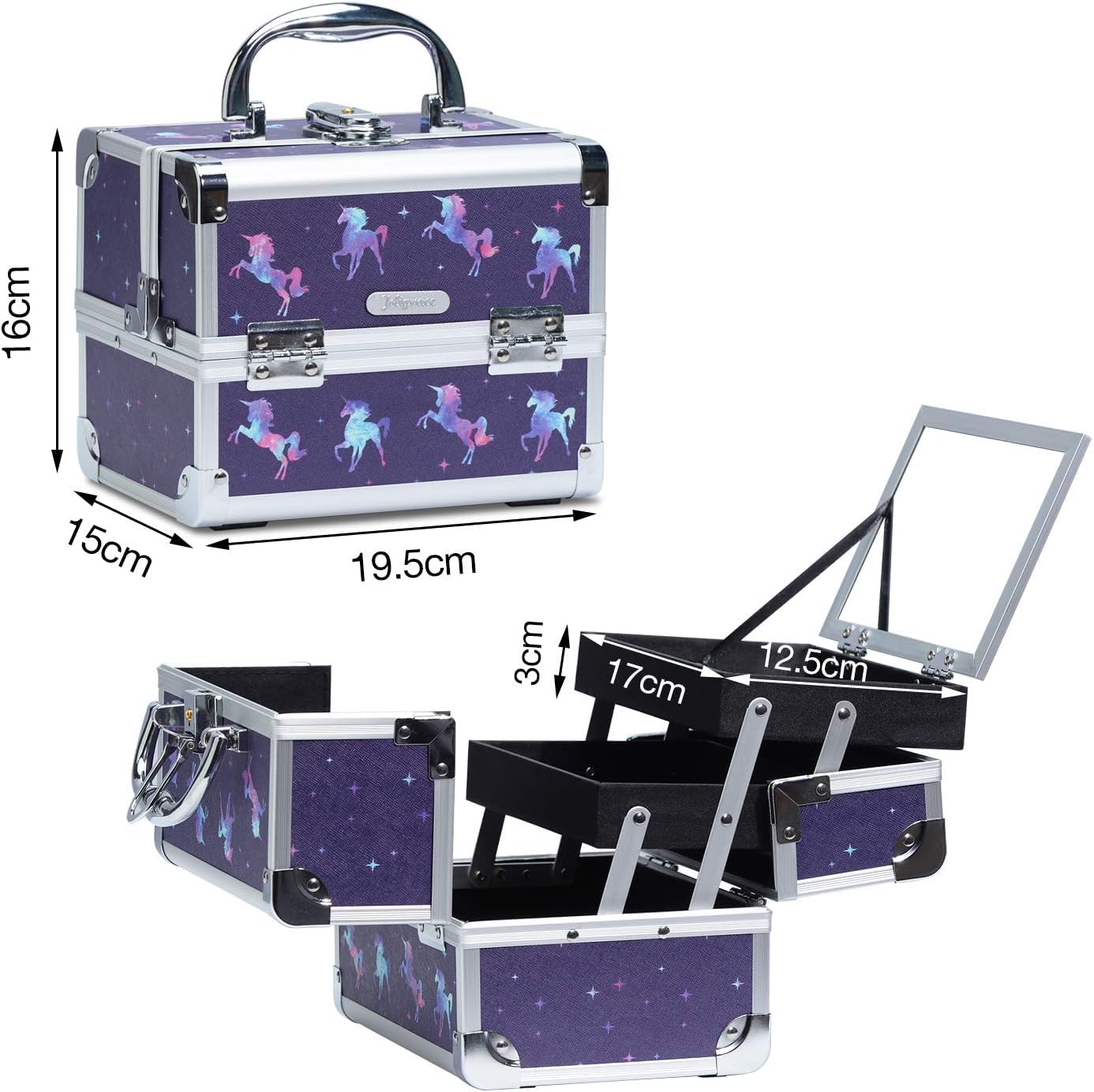 Joligrace Unicorn Makeup Box for Girls - Portable Travel Cosmetic Case with Mirror, Lockable Jewelry Organizer, Lightweight & Durable (19.5x15x16cm) - Perfect for Travel, Birthday Gifts & Beauty Storage