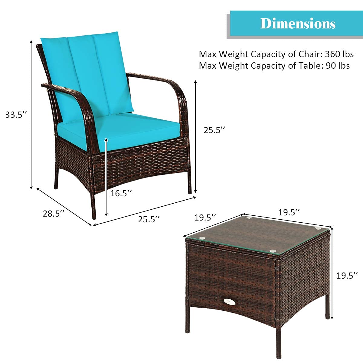 Tangkula 3-Piece Outdoor Patio Furniture Set - 2 Wicker Chairs with Glass Top Coffee Table, Rattan Conversation Set for Garden, Porch, Poolside & Backyard Relaxation