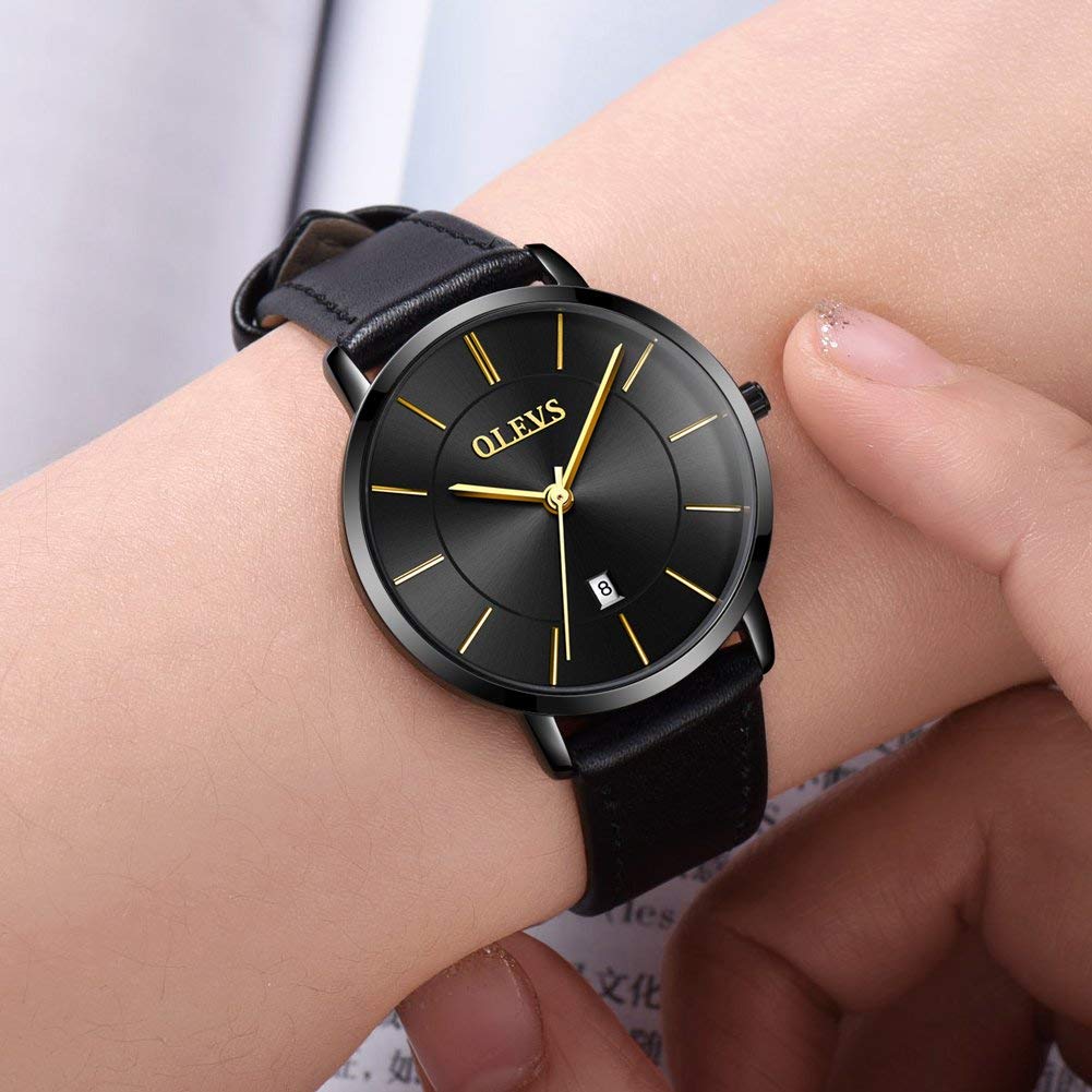 OLEVS Women's Waterproof Analog Quartz Watch - Ultra Thin Black Leather Strap with Date Calendar - Elegant Wristwatch for Everyday Wear, Office & Special Occasions - Perfect Gift for Women