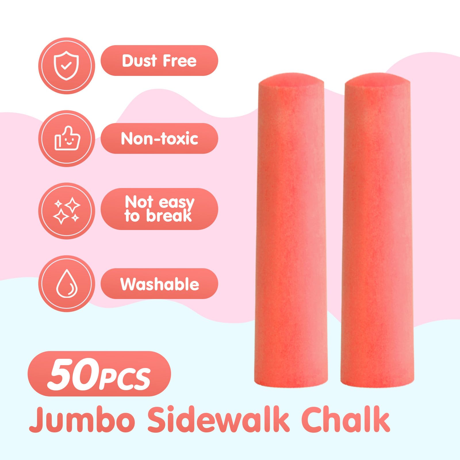 50 Pack Non-Toxic Washable Jumbo Sidewalk Chalk for Kids - Outdoor Art Play, Chalkboard & Blackboard Drawing - Vibrant Colors (Orange/Red) - Perfect for Driveway Art, School Projects & Playground Fun