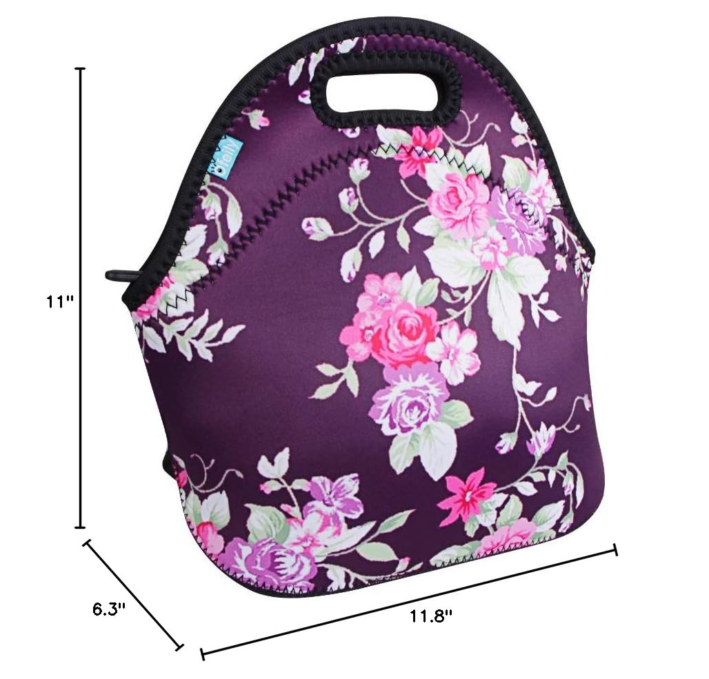 Insulated Neoprene Lunch Tote Bag - Waterproof Picnic Lunch Box for Women & Moms, Reusable Food Container with Thermal Protection (Floral Purple Design) - Perfect for Work, School, Outdoor Activities and Daily Commute