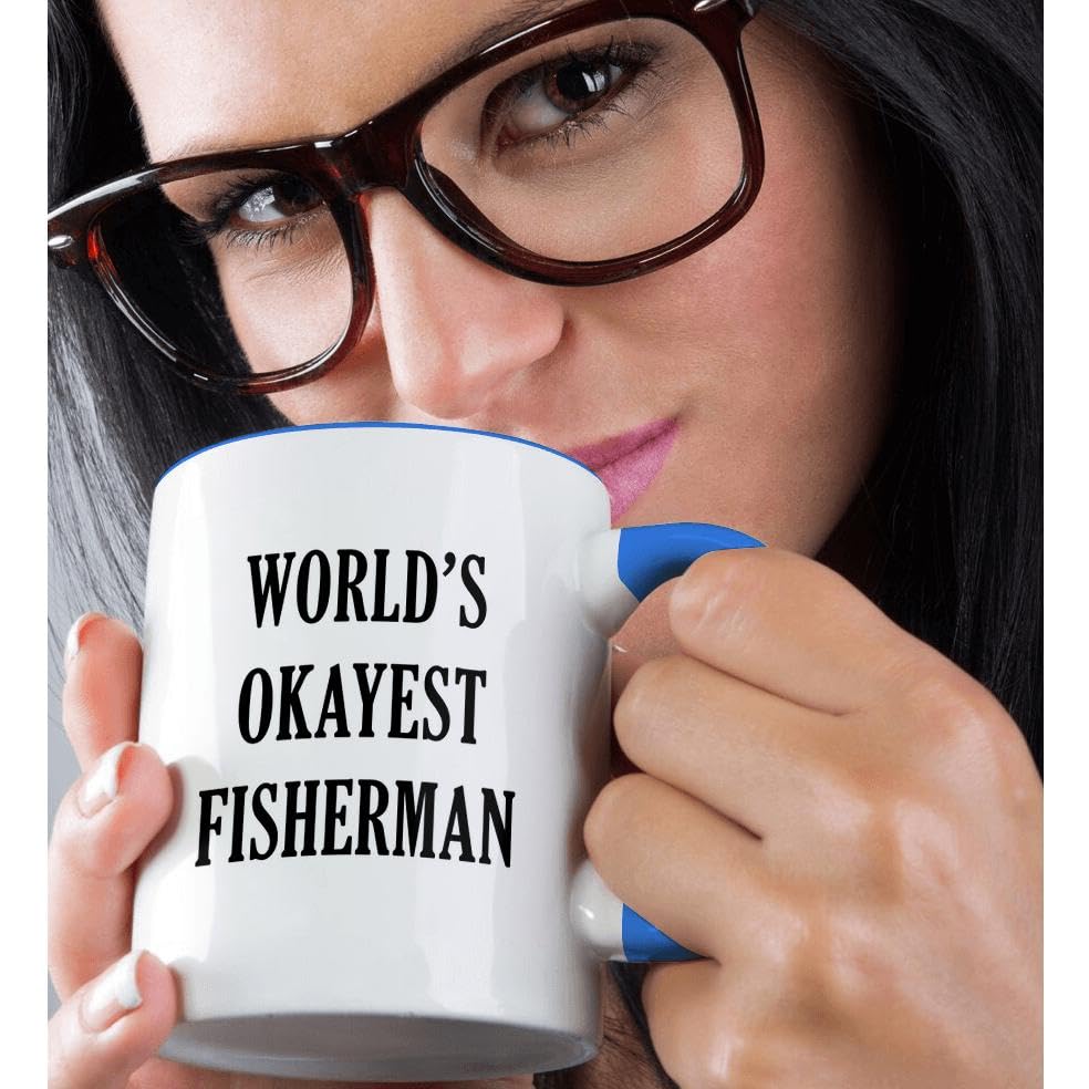 3dRose Worlds Okayest Fisherman Ceramic Coffee Mug - Blue & White Design - Perfect for Fishing Enthusiasts & Gift Giving