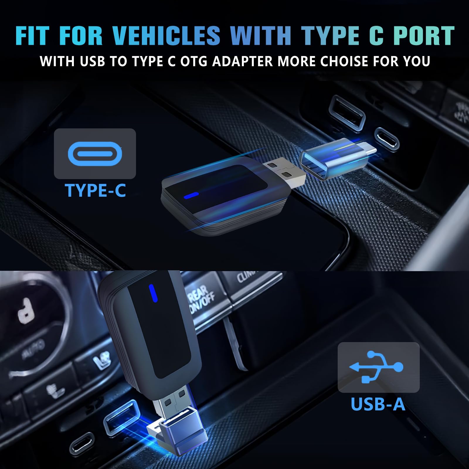 Wireless CarPlay Adapter for iPhone & Android Auto - USB Type A/C Compatible with Cars 2016+ & iOS 10+ | Plug & Play for Seamless Music, Navigation & Calls While Driving
