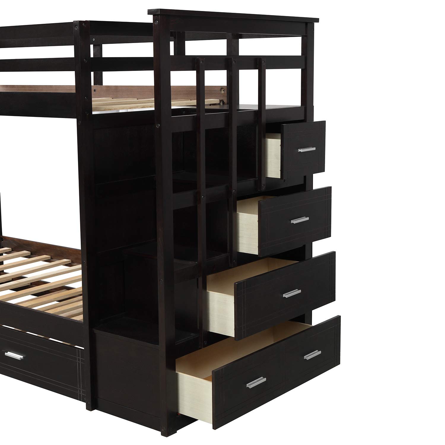 **Twin Over Twin Bunk Bed for Kids - Solid Wood Bunk Bed Frame with Trundle, Staircase, 4 Storage Drawers & Guardrails - No Box Spring Needed (Espresso + Trundle + Twin) - Perfect for Small Bedrooms, Guest Rooms & Kids' Shared Spaces**
