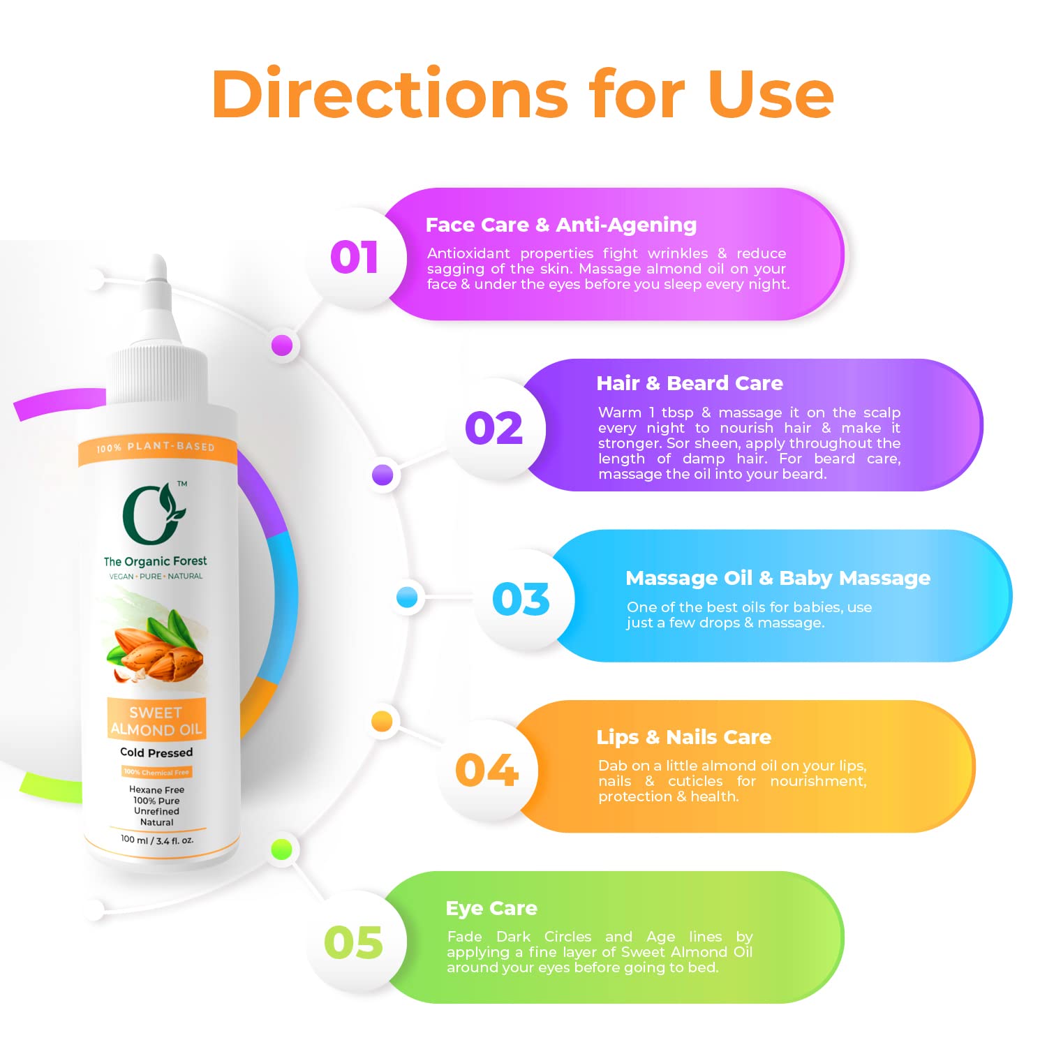Organic Sweet Almond Oil for Skin, Face & Hair - 100% Pure, Cold Pressed, Unscented, Vegan & Natural Moisturizing Oil for Men & Women | Promotes Hair Growth & Hydration | Perfect for Massage, DIY Beauty & Aromatherapy | 100ml