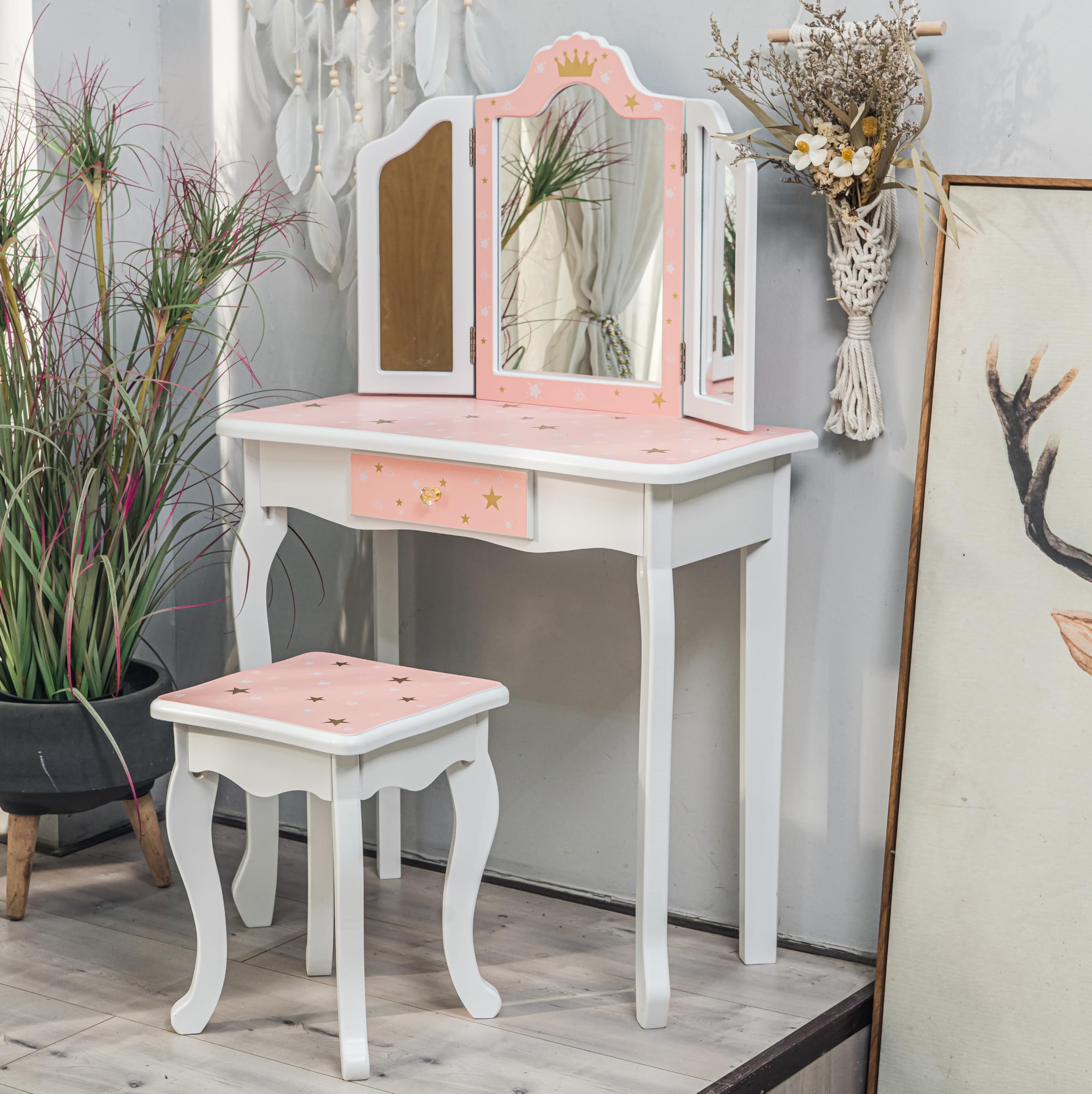 Memoryfield Kids Vanity Set - Wooden Princess Makeup Dressing Table with Mirror, Stool & Drawer | 2-in-1 Toddler Vanity Desk for Girls | Pretend Play, Birthday Gift & Bedroom Decor (Pink/White) - Perfect for Playrooms, Birthday Parties & Imaginative Play