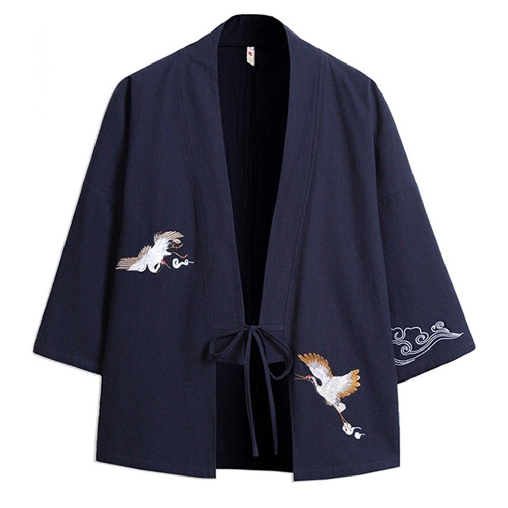 YOUMU Men's Japanese Kimono Cardigan - Vintage Crane Embroidery Loose Yukata Coat - Plus Size Kimono Jacket for Casual Wear & Cosplay