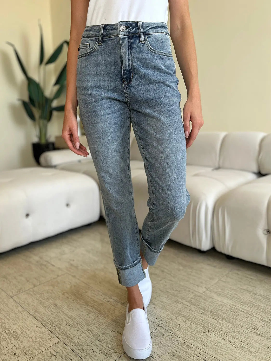 Judy Blue Women's High Waist Skinny Jeans - Stretch Denim Pants with Cuff Hem for Casual Wear & Everyday Outfits