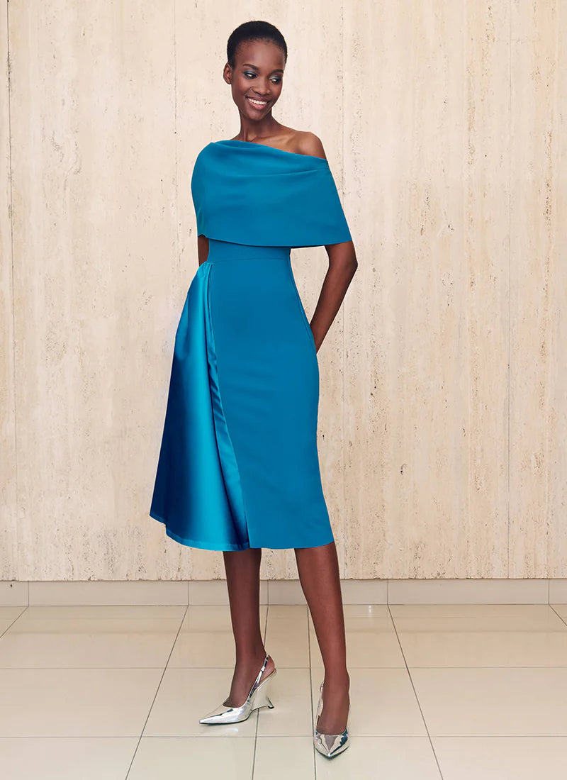 Greta Constantine Fontaine Shoulder Fitted Dress - Contrast Trim Elegant Evening Gown for Parties & Special Occasions