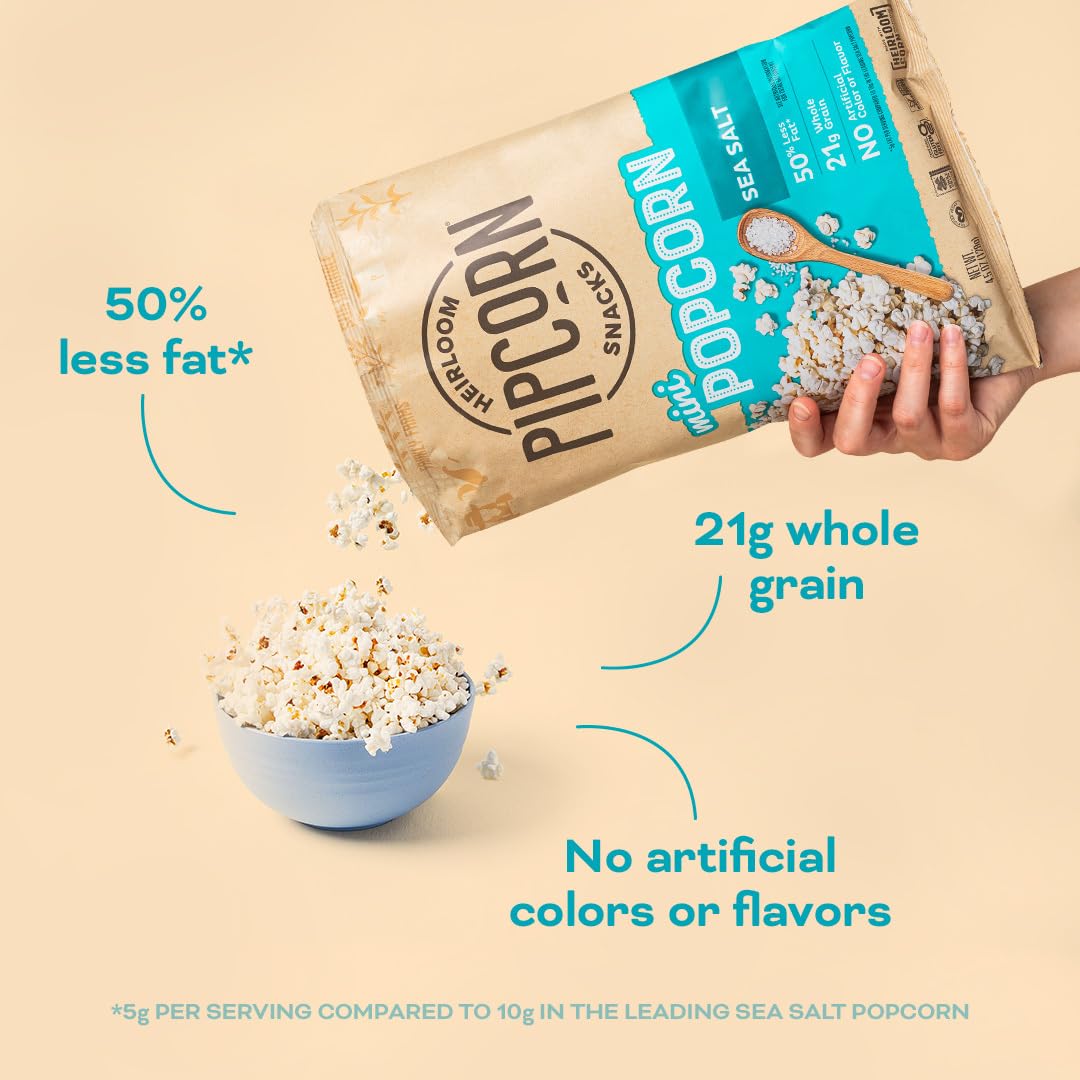 Pipcorn Heirloom Sea Salt Mini Popcorn - 6 Pack (4.5oz Each) - Gluten Free, Healthy Snack - Made with Non-GMO Heirloom Corn - Perfect for Movie Nights, Road Trips & Office Snacking