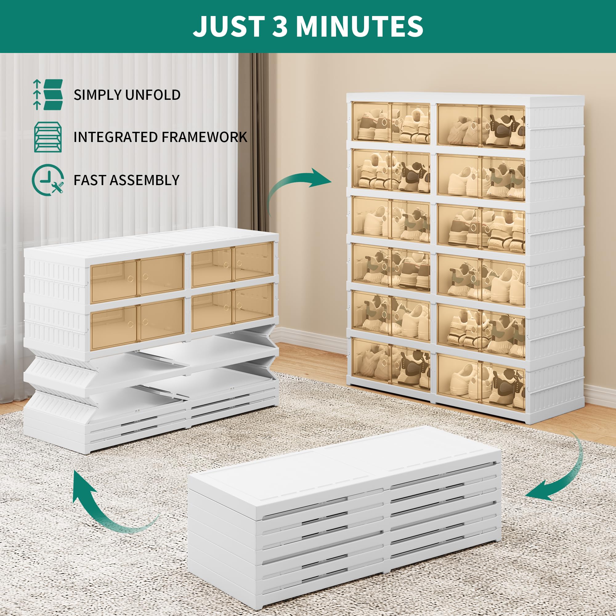 YITAHOME 6-Tier 24-Pair No Assembly Shoe Storage Box - Foldable Shoe Organizer with Magnetic Doors, Collapsible Shoe Rack Cabinet for Sneakers & Footwear - Perfect for Entryway, Closet, Living Room & Bedroom Organization (White)
