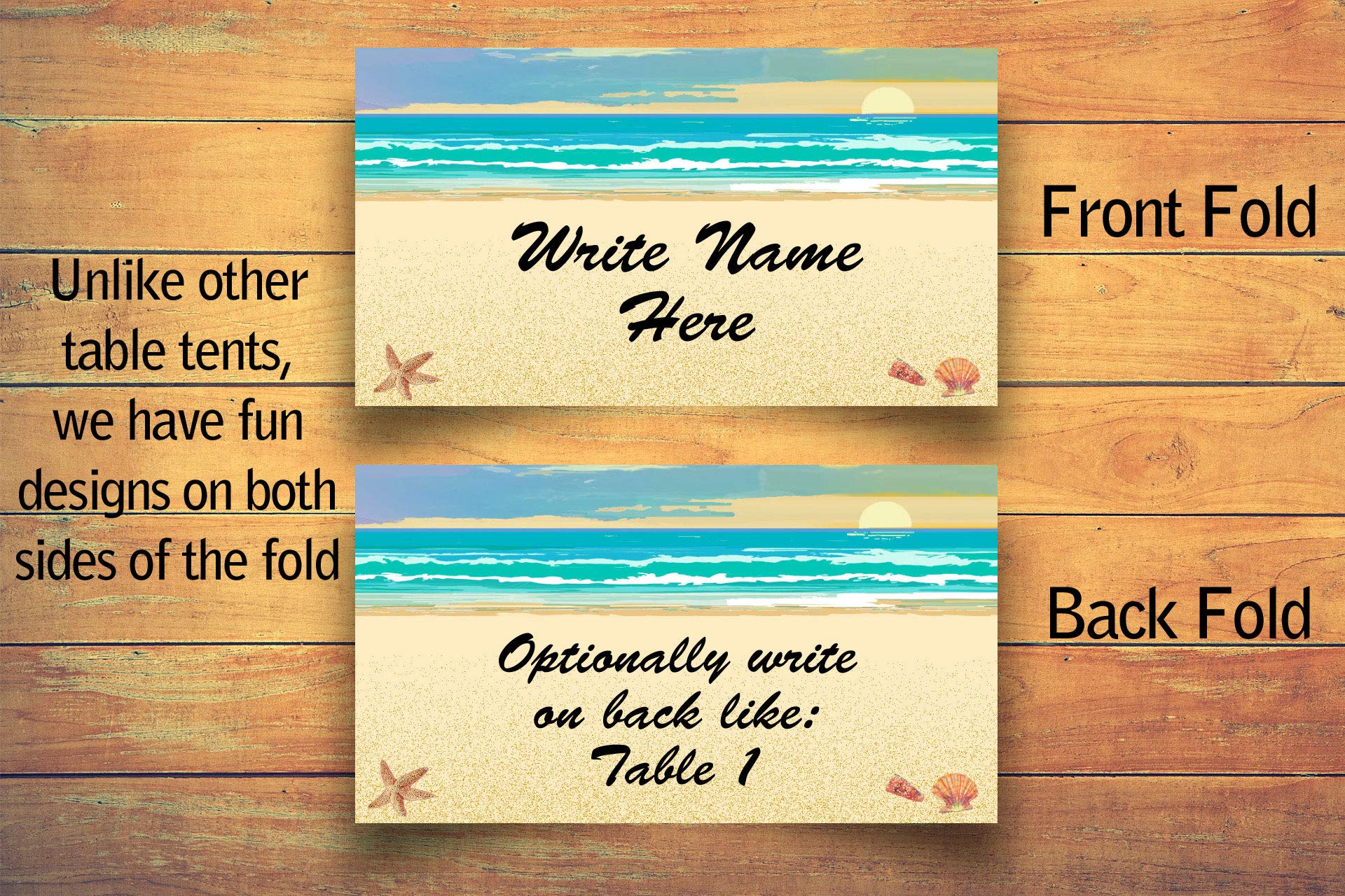 Stonehouse Collection Beach Name Place Cards - 25 Guest Seating Name Cards for Weddings & Parties - Tropical Table Tents - Perfect for Beach Themed Events, Bridal Showers & Outdoor Gatherings