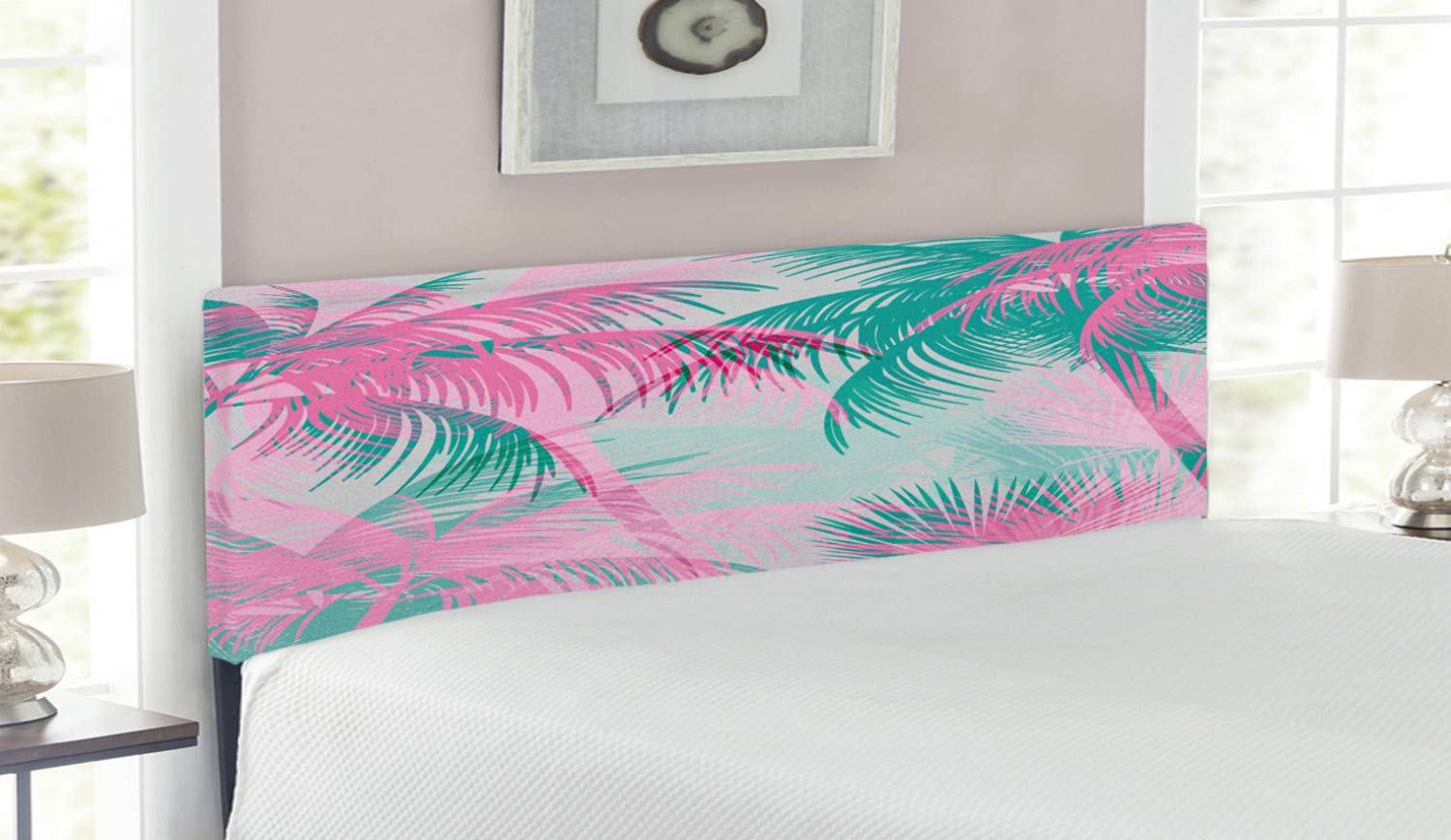 Ambesonne Queen Size Upholstered Headboard - Vintage Palm Leaf Beach Party Design in Pink, Green, Teal & White - Decorative Metal Bed Frame with Memory Foam - Perfect for Coastal, Boho & Tropical Bedroom Decor