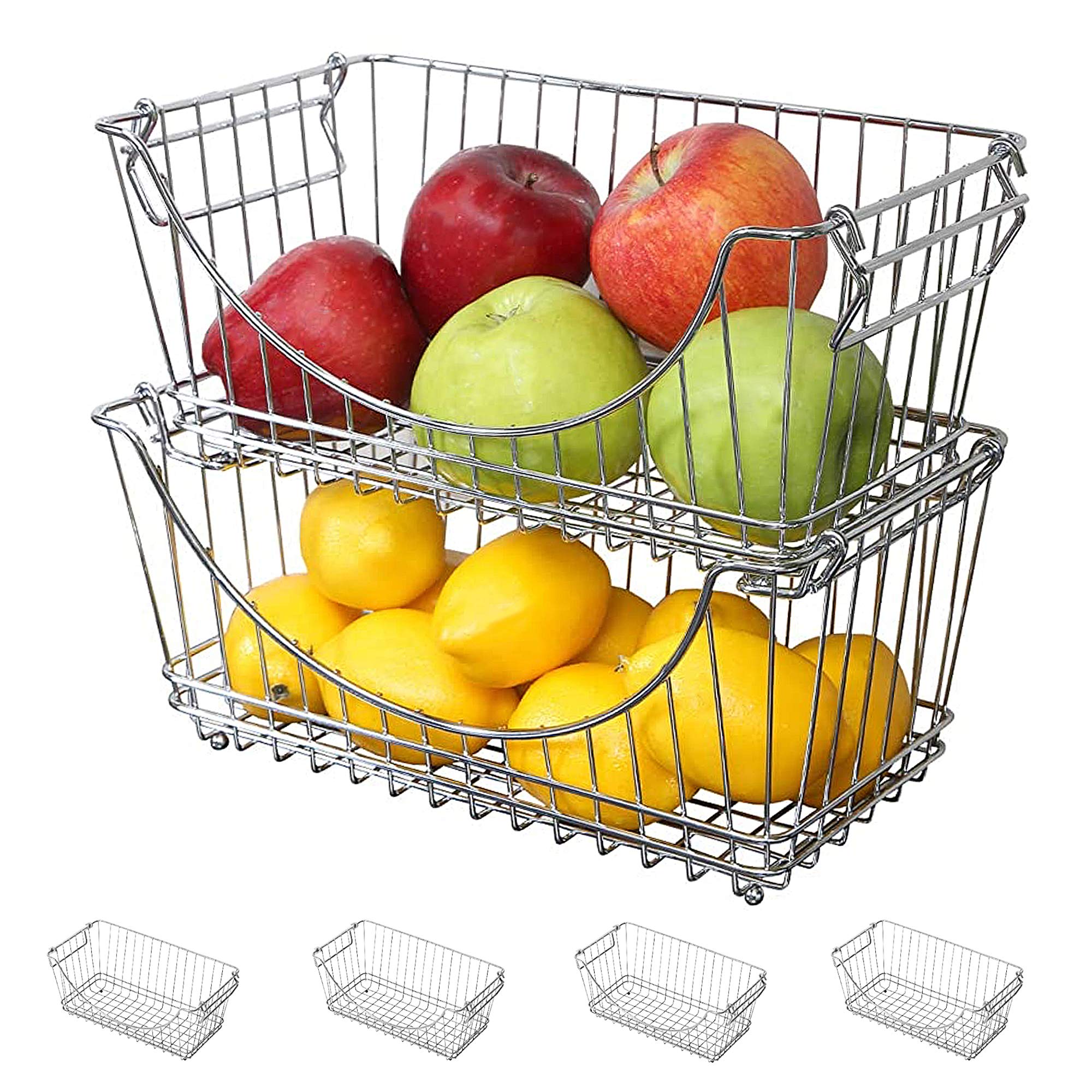 Smart Stacking Baskets with Handles - Set of 6 Medium Steel Wire Storage Bins for Fruits, Vegetables & Pantry Organization - Kitchen Countertop Organizer (12.63