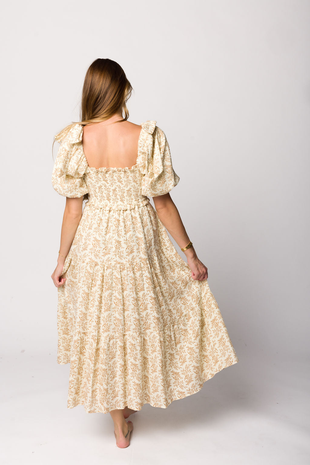 Elena 100% Cotton Toile Print Smocked Midi Dress - Light Brown Bump Friendly Maternity Dress | Perfect for Baby Showers, Brunch Dates & Summer Outfits