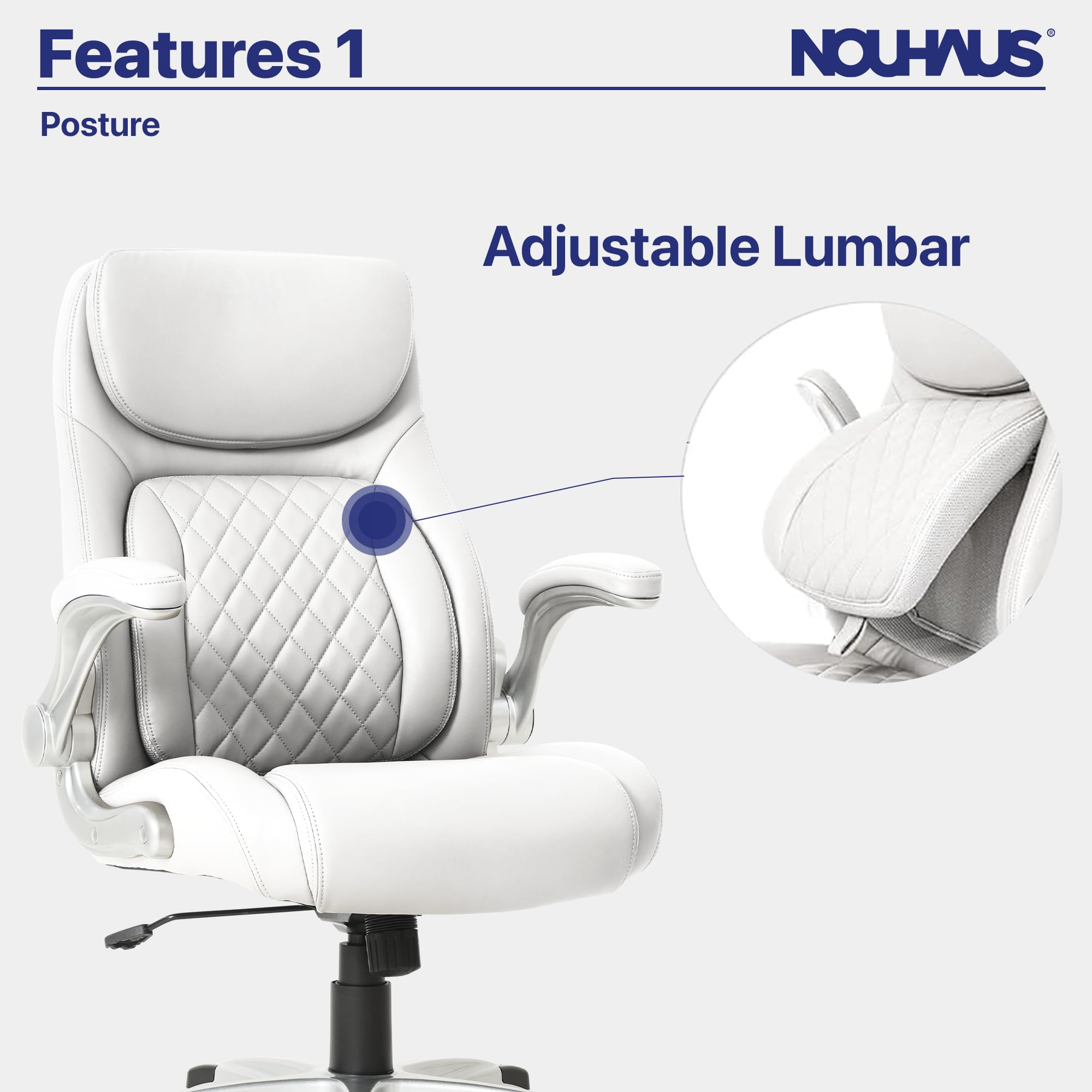 Nouhaus Ergonomic Office Chair with Posture Support - PU Leather Executive Desk Chair with Adjustable Lumbar Support & Flip-Up Armrests - Modern Computer Chair for Home & Office Workspace (White)