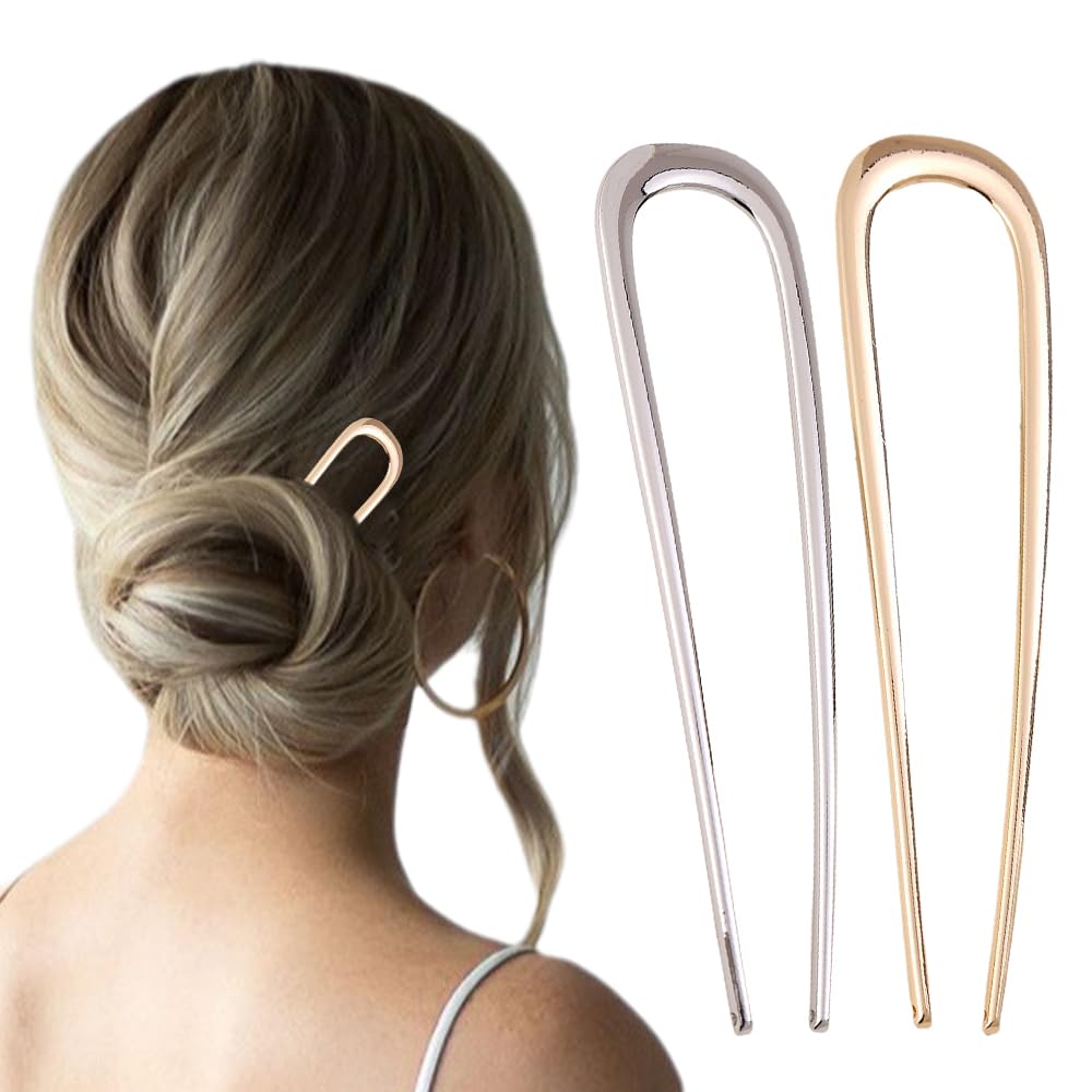 2024 Newest French Twist Hair Pins for Women - U-Shaped Metal Vintage Hair Sticks (Gold & Silver) | Elegant Updos, Bridal Hairstyles & Everyday Wear