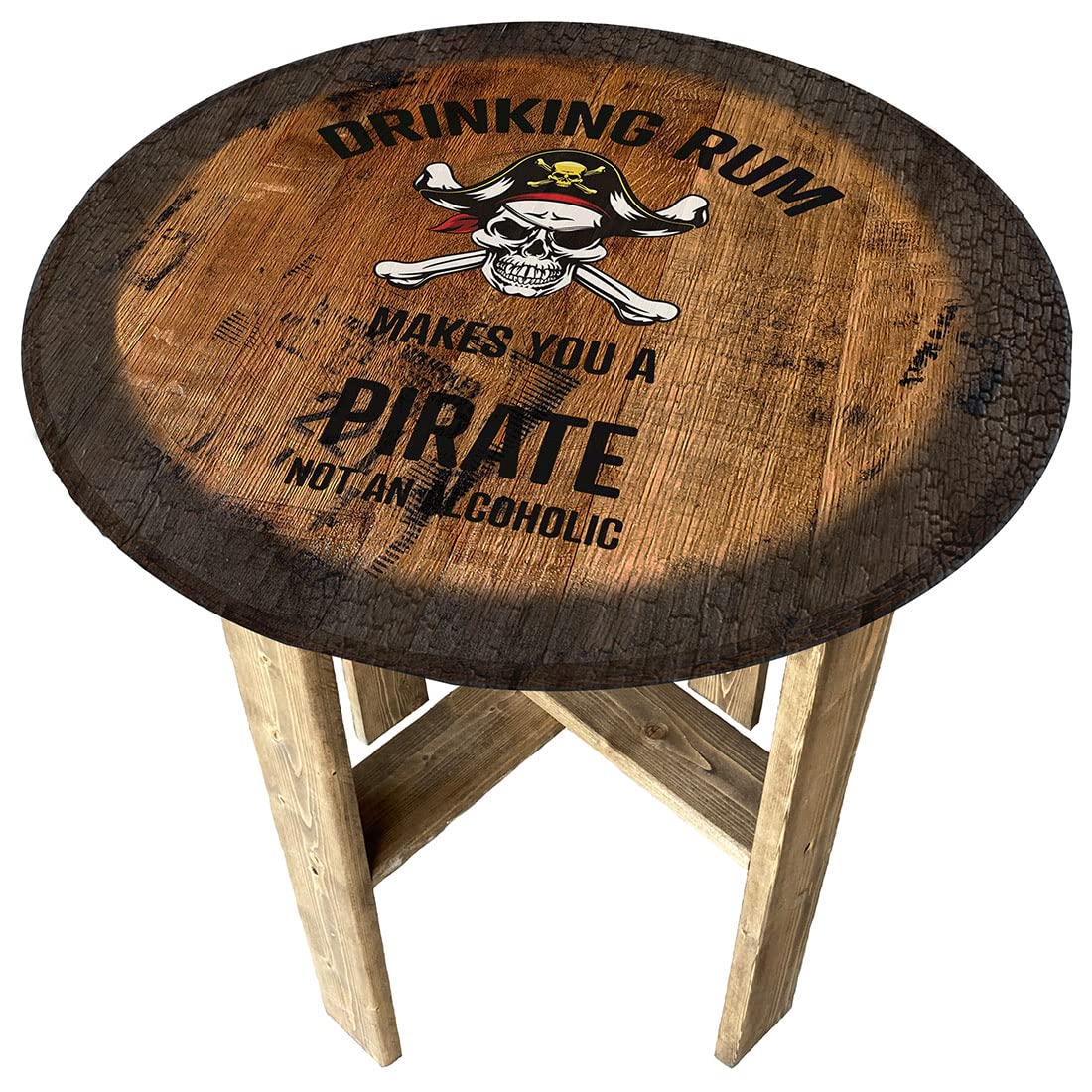 Pirate-Themed Rustic Whiskey Barrel End Table - Handcrafted Farmhouse Pub Decor for Drinking Rum, Whiskey & Cocktails - Perfect for Home Bar, Man Cave, or Tavern Style Living Room