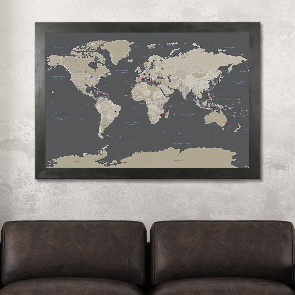 Custom Push Pin Travel Map - Rustic Black Framed World Map Wall Art with 150 Pins | Handmade in USA | 27.5