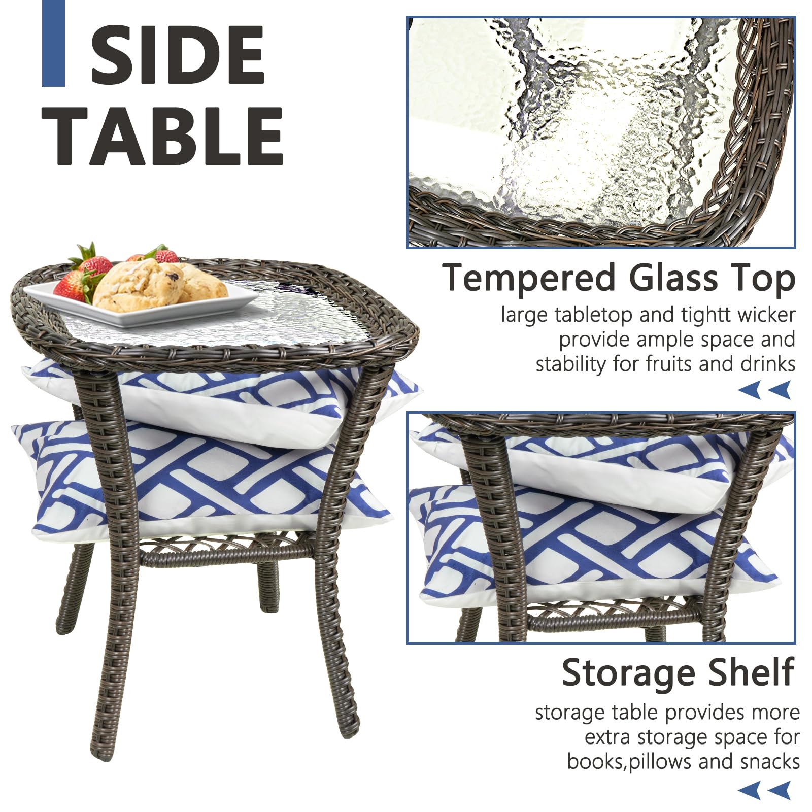 3-Piece Outdoor Swivel Rocking Patio Furniture Set - Blue PE Wicker Rattan Chairs with Glass Table & 2 Cushions - Perfect for Garden, Poolside & Backyard Relaxation