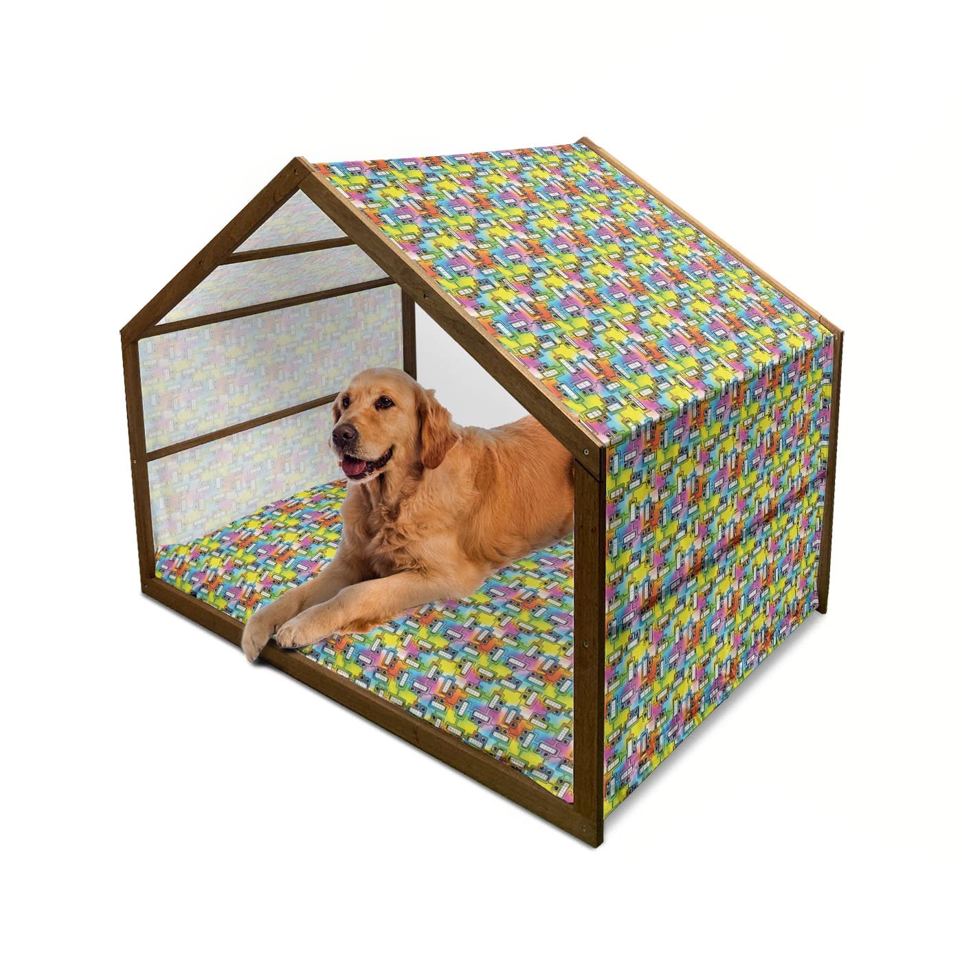 Ambesonne Colorful Wooden Dog House - Hippie Digital Print with Fun Video Game Characters, Eyes & Teeth Design - Indoor/Outdoor Portable Pet Kennel with Removable Pillow & Cover - X-Large Size, Multicolor - Perfect for Backyard, Patio & Gaming Room Decor
