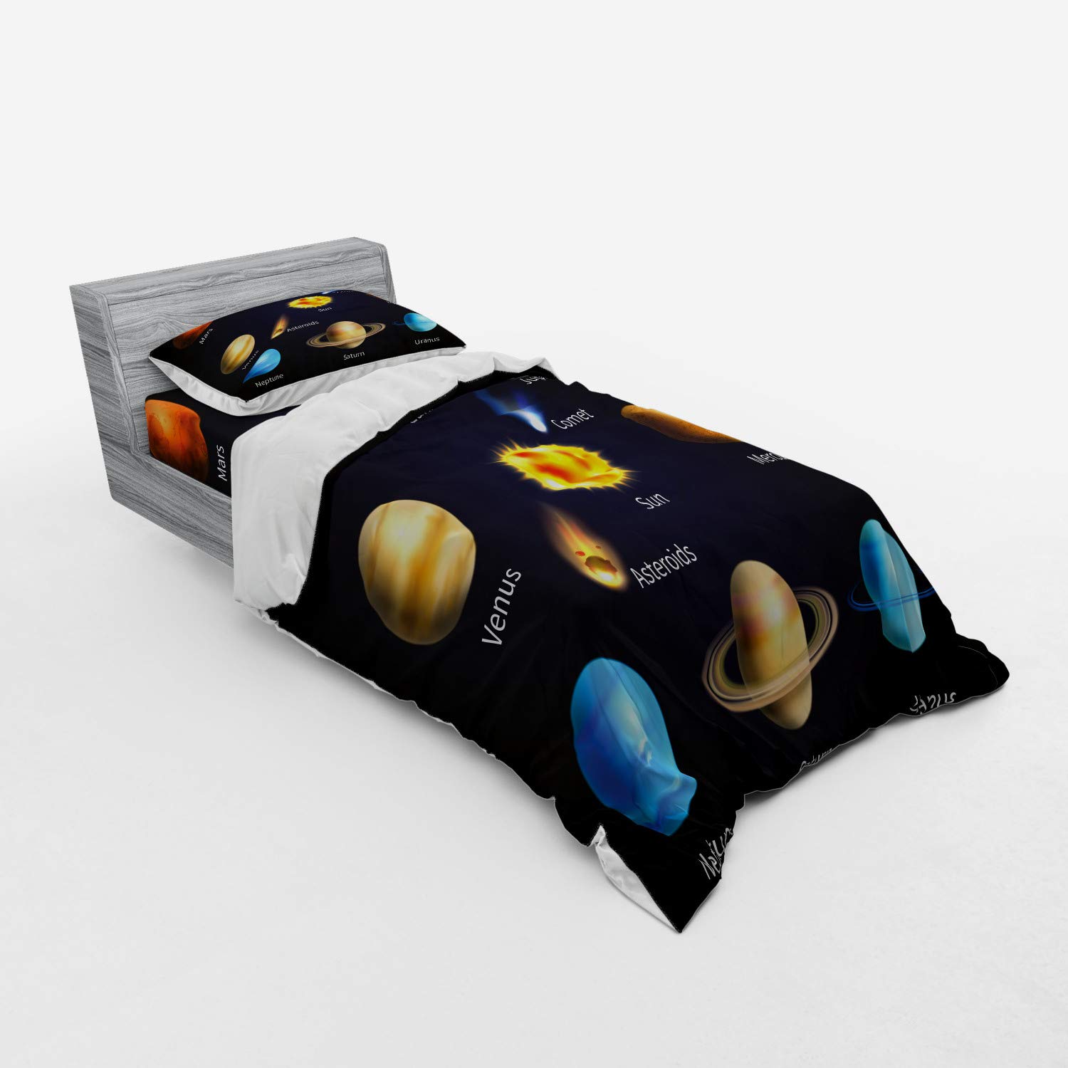 Ambesonne Solar System Bedding Set - 3 Piece Twin XL Duvet Cover with Sham & Fitted Sheet - Realistic Planets, Asteroids, Comets Space Theme - Perfect for Astronomy Lovers & Kids' Room Decor