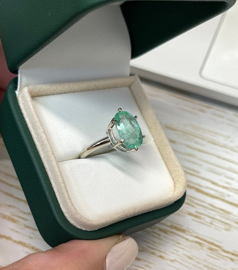 3.55ct Oval Cut Emerald Solitaire Ring in 14K White Gold with 6 Prong Setting - Perfect for Engagement, Wedding & Anniversary Gifts