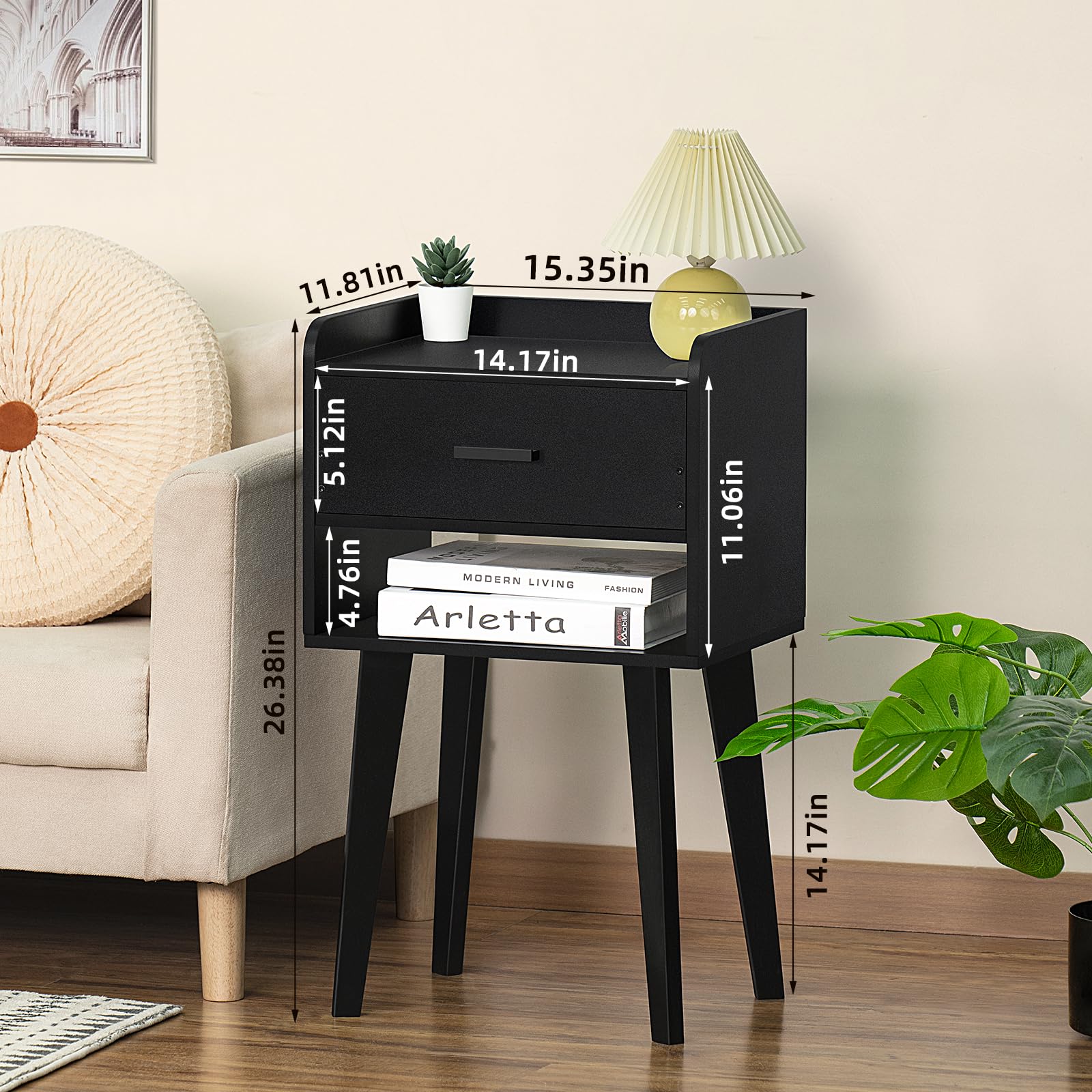 Modern Black Nightstand with Drawer - Wooden Bedside Table for Small Spaces, Storage Side Table - Perfect for Bedroom, Living Room, Dorm & Office (26.38