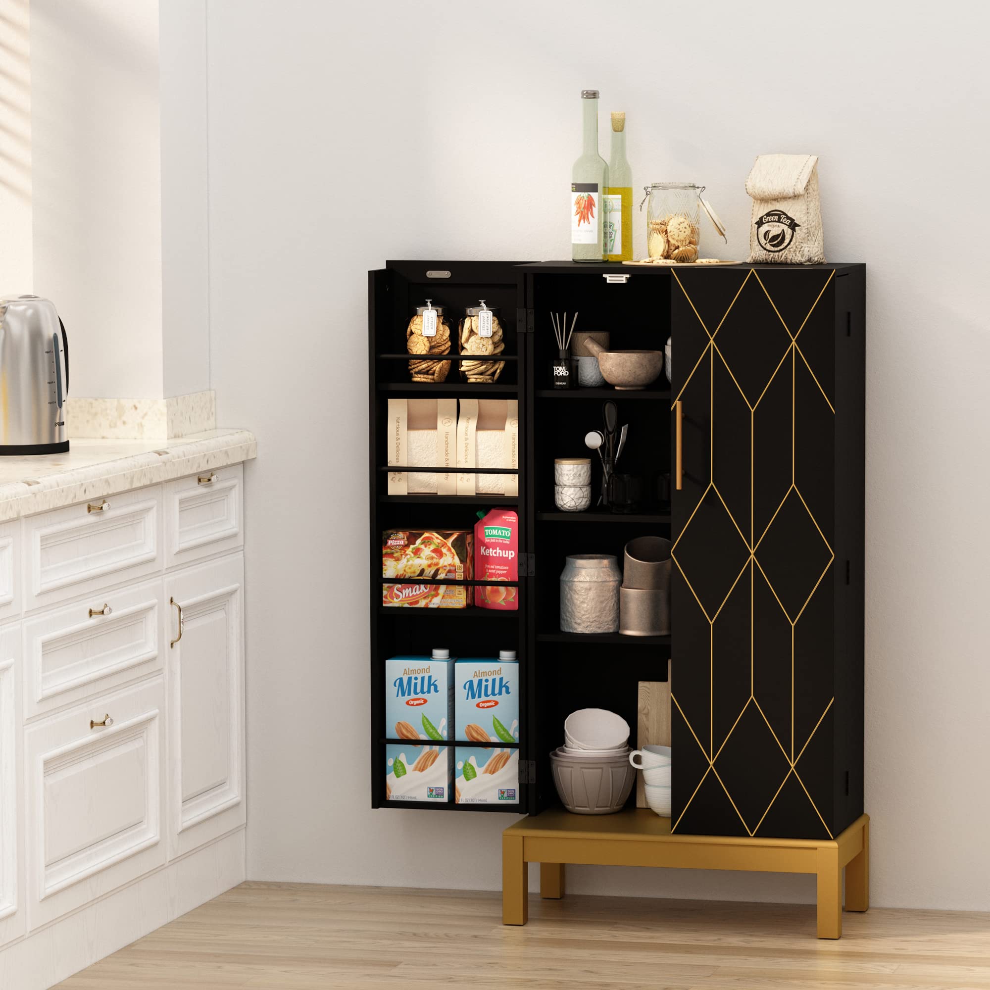 ARTPOWER 45-Inch Kitchen Pantry Cabinet with Gold Trim - Adjustable Shelves & Doors - Black Storage Cabinet with Gold Legs for Kitchen, Dining Room & Living Room - Perfect for Organizing Food, Dishes & Home Essentials