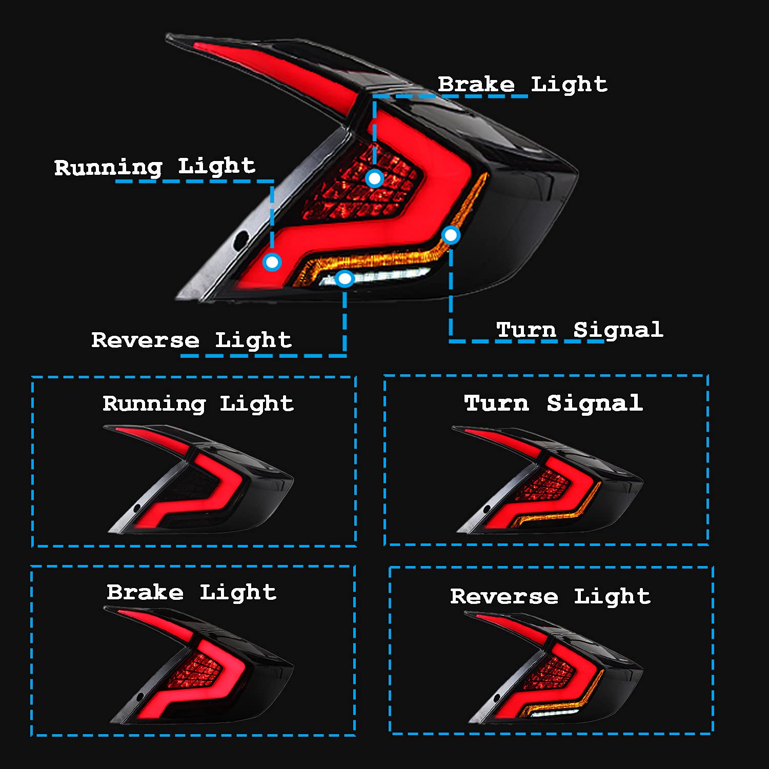Premium LED Tail Lights for 2016-2021 Honda Civic Sedan (10th Gen) - DRL Startup Animation, Rear Lamp Assembly - Perfect for Night Driving & Car Customization (Not Compatible with Hatchback & Coupe Models)