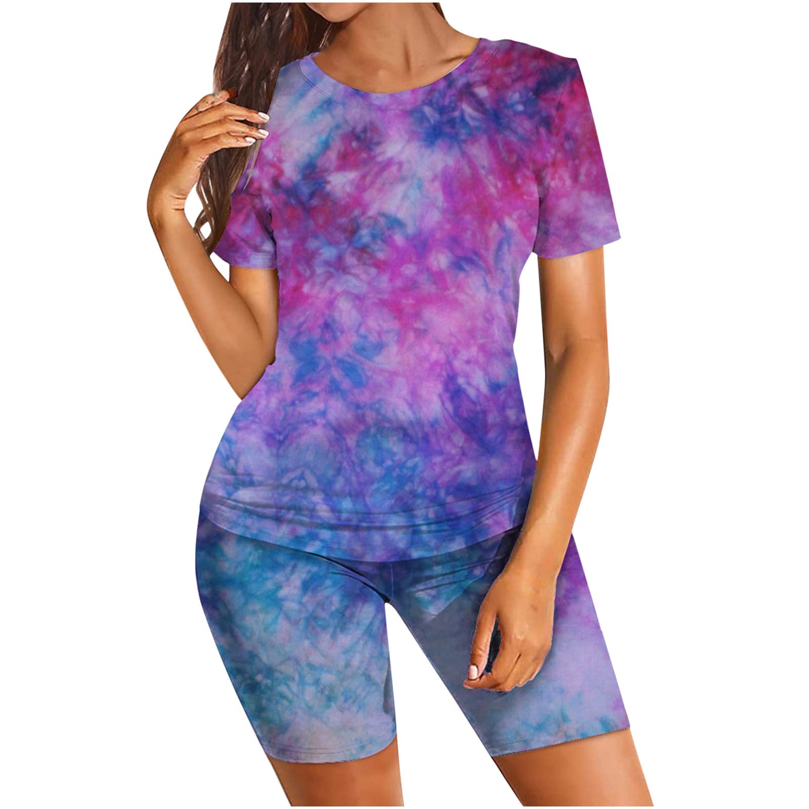 Women's Tie Dye Pajama Set - Soft & Comfortable Short Sleeve Sleepwear Top with Matching Shorts - Perfect for Lounging, Sleepovers & Relaxing at Home