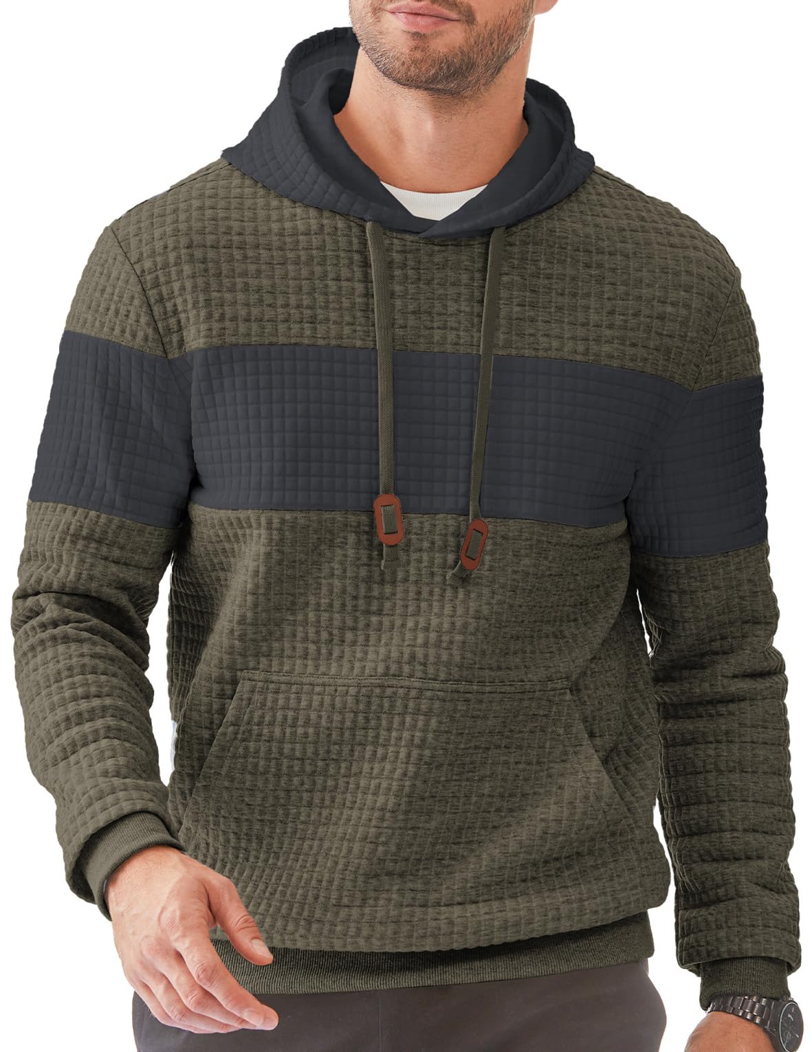 Men's Casual Hooded Waffle Knit Sweatshirt - Long Sleeve Color Block Pullover with Drawstring & Pockets | Comfortable Loungewear for Fall & Winter | Perfect for Outdoor Activities, Travel & Daily Wear