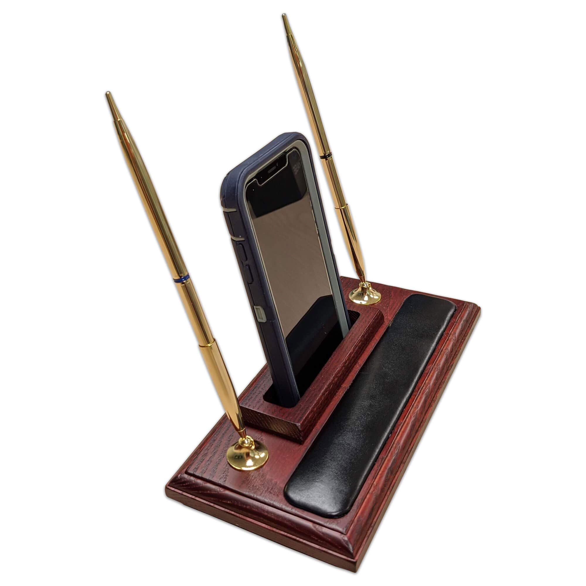 Premium Rosewood & Leather Pen Stand with Phone Holder - Stylish Desk Organizer for Office, Home, or Gift