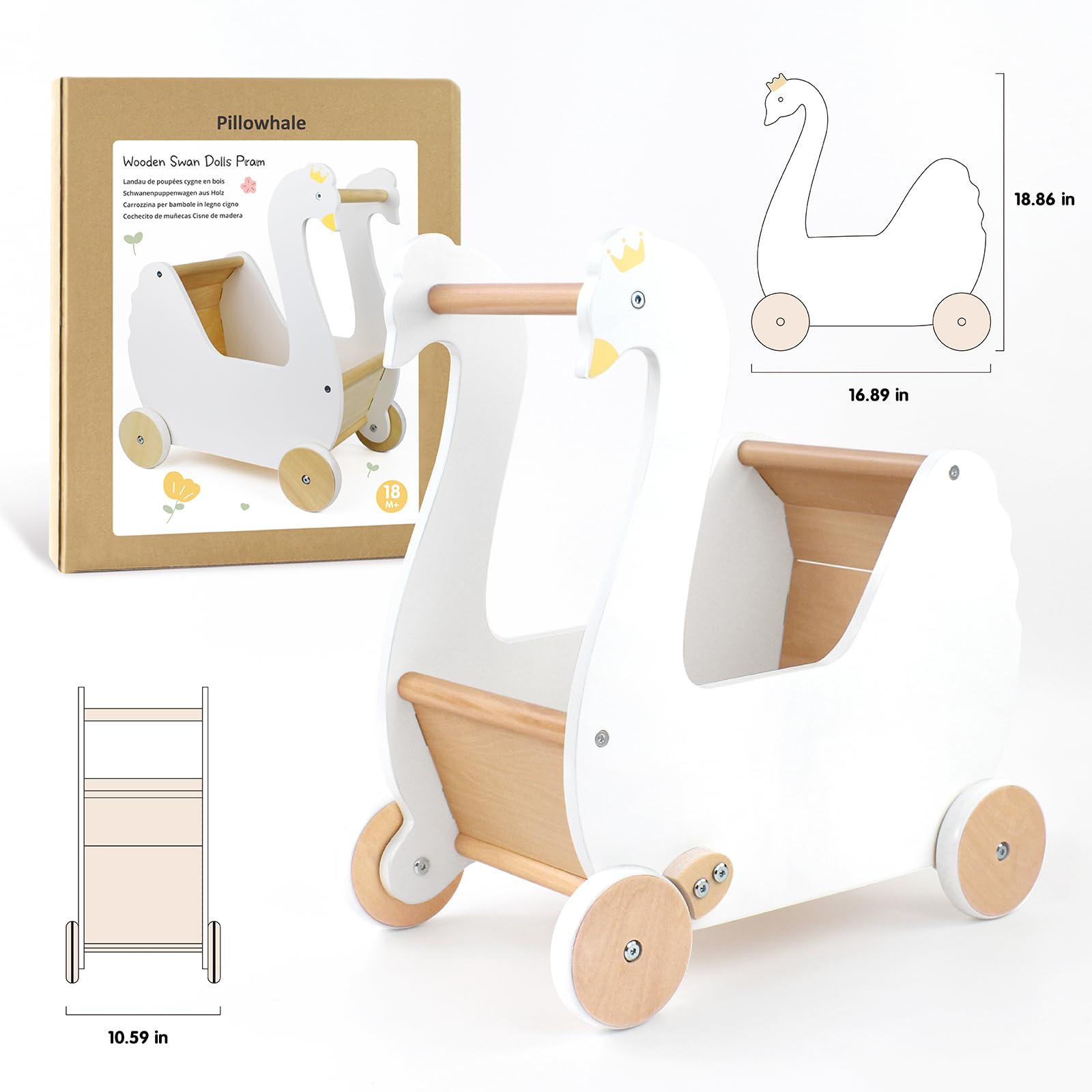 Wooden Doll Stroller for Toddlers - Baby Pram Stroller Toy with Swan Design | Safe Push Walker for Boys & Girls 18+ Months | Perfect for Pretend Play, Outdoor Walks & Nursery Decor