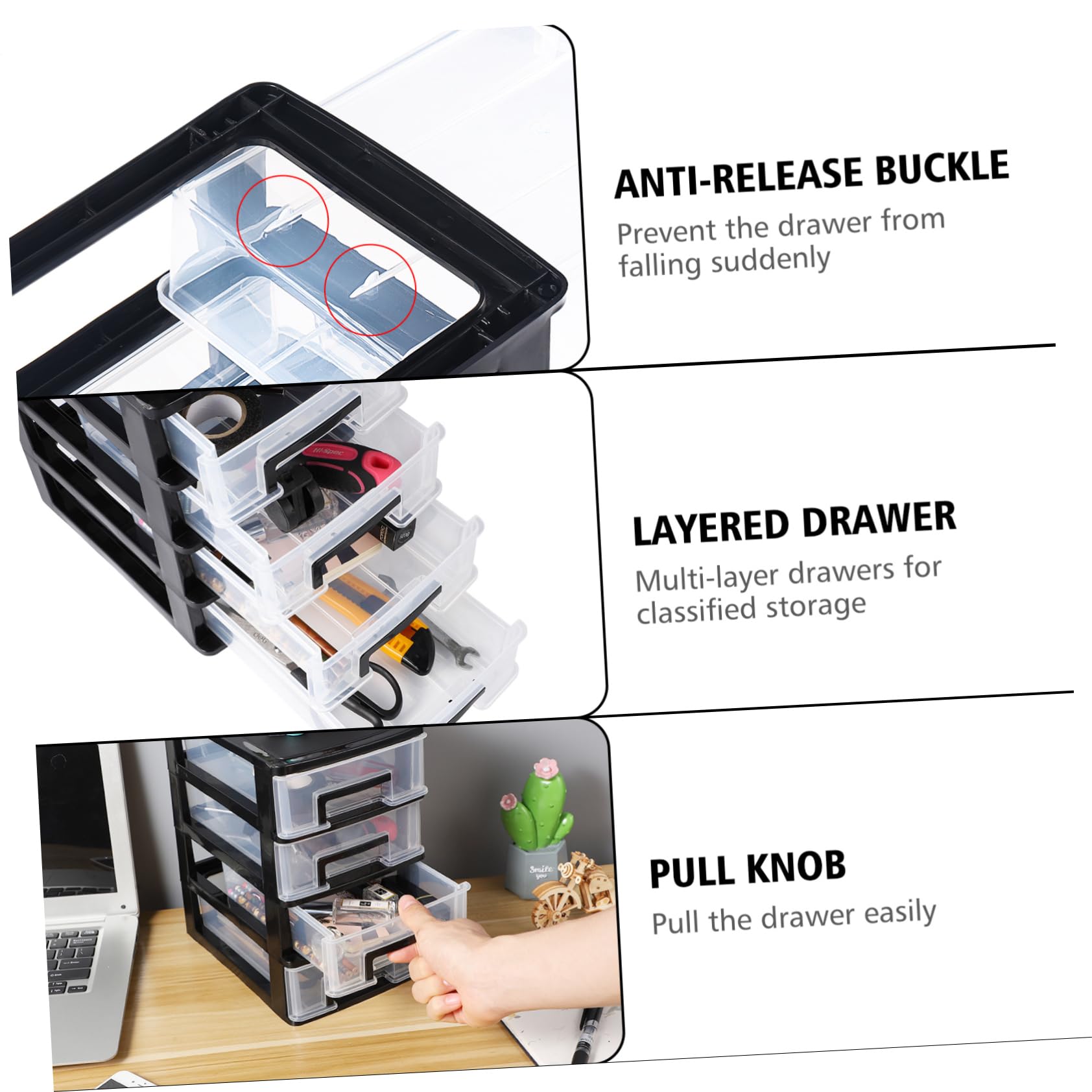 BESPORTBLE 4-Layer Stackable Plastic Storage Drawer Organizer - Black & Transparent Small Desktop Cabinet for Office Supplies, Makeup, Crafts | Compact Drawer Storage Solution for Home, Office & Dorm Organization