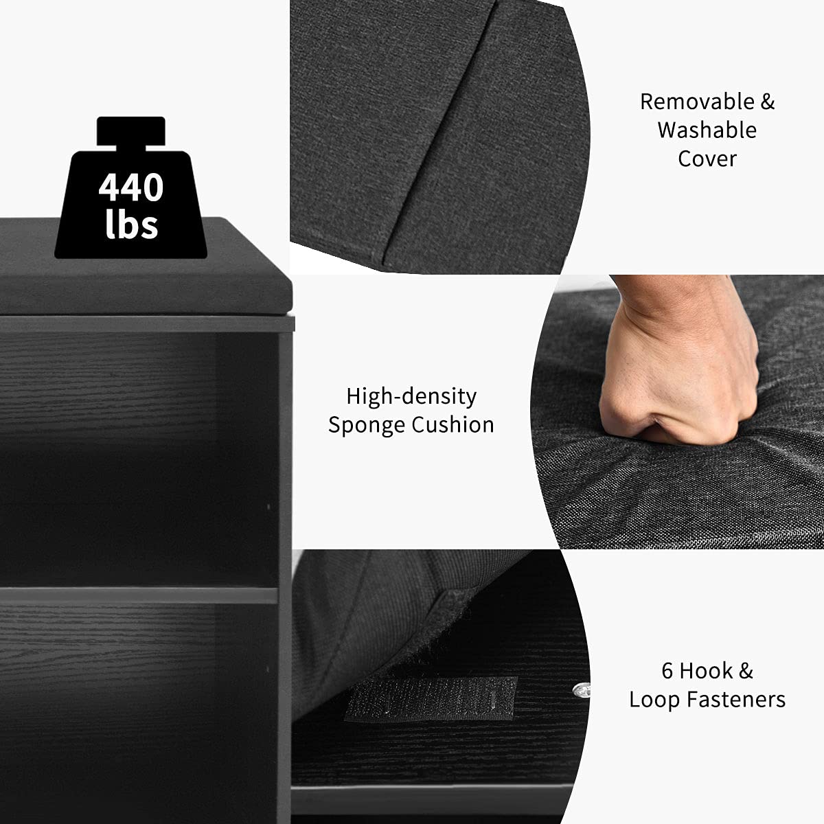 10-Cube Shoe Storage Bench with Padded Seat & Adjustable Shelves - Entryway Organizer for Living Room, Bedroom, Hallway & Mudroom - Perfect for Small Space Organization & Shoe Display (Black)
