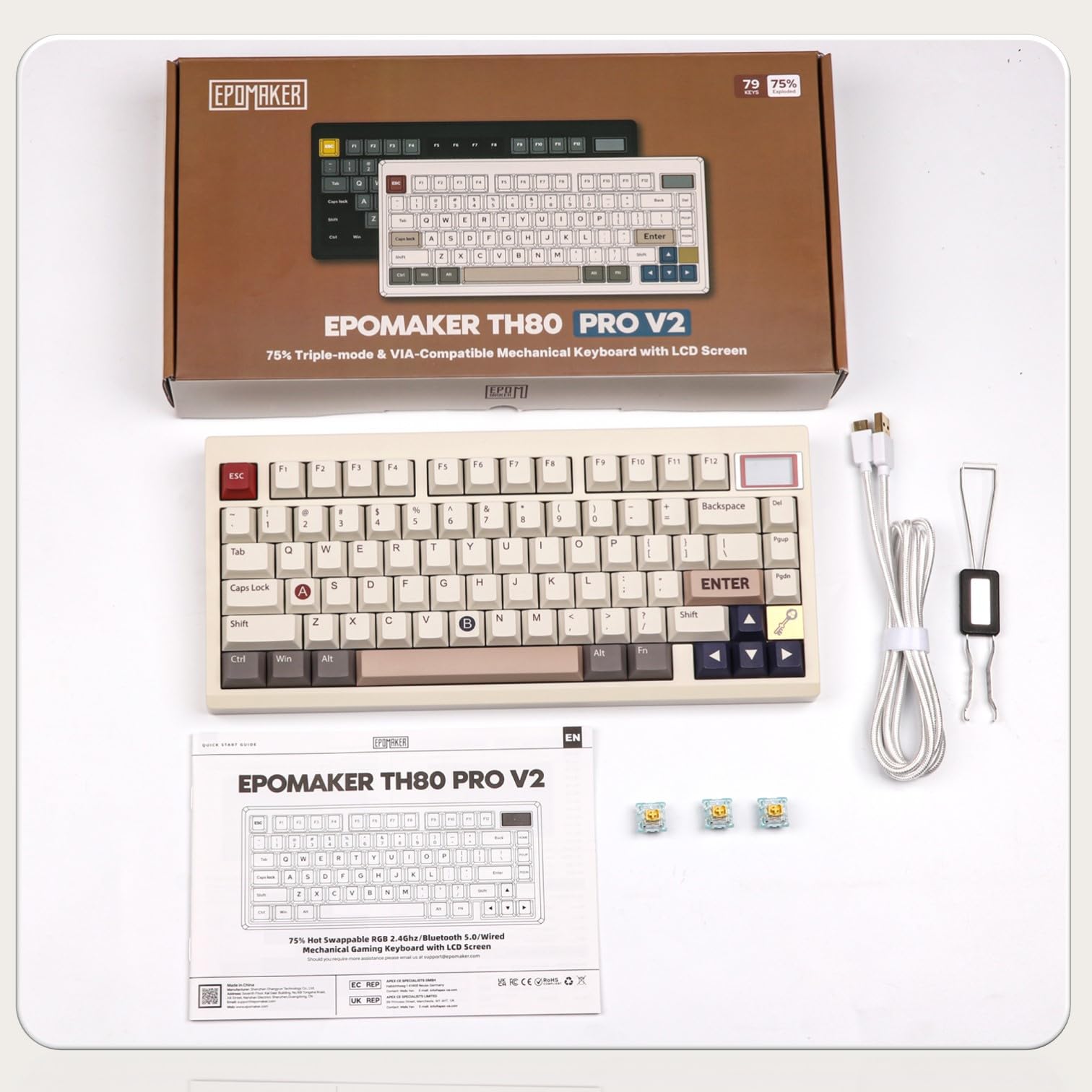 EPOMAKER TH80 PRO V2 Wireless Mechanical Gaming Keyboard with OLED Screen - Bluetooth 5.0/2.4GHz/USB-C Connectivity, Gasket Mount Design, Hot-Swappable Switches, VIA Programmable - Compatible with Windows & Mac (Retro White, Flamingo Switch) - Perfect for Esports, Office Work & Typing Enthusiasts